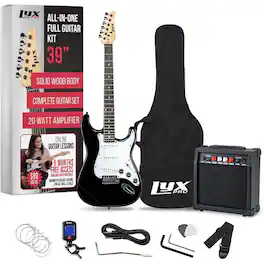 Lyxpro - 39" Left Handed Electric Guitar Kit with Amp, Picks, Strap, Tuner, Cable & Case - Black