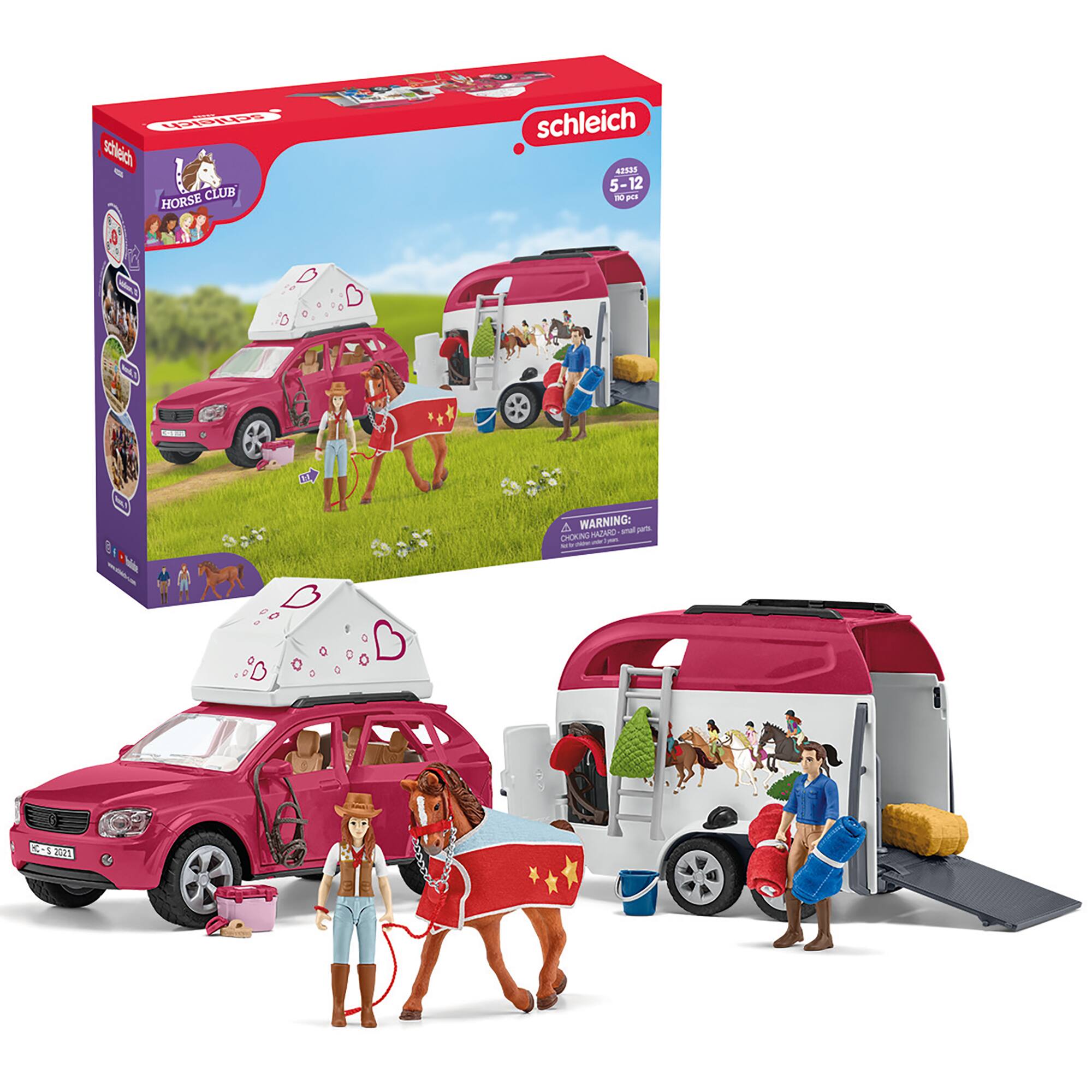 The image features a Schleich play set with a pink car and a horse. The car is a toy car with a horse trailer attached to it. The horse is a toy horse with a trailer attached to the car. The play set is designed for children aged 5-12 years old. The car and horse are the main focus of the image, and they are both part of the Schleich play set.