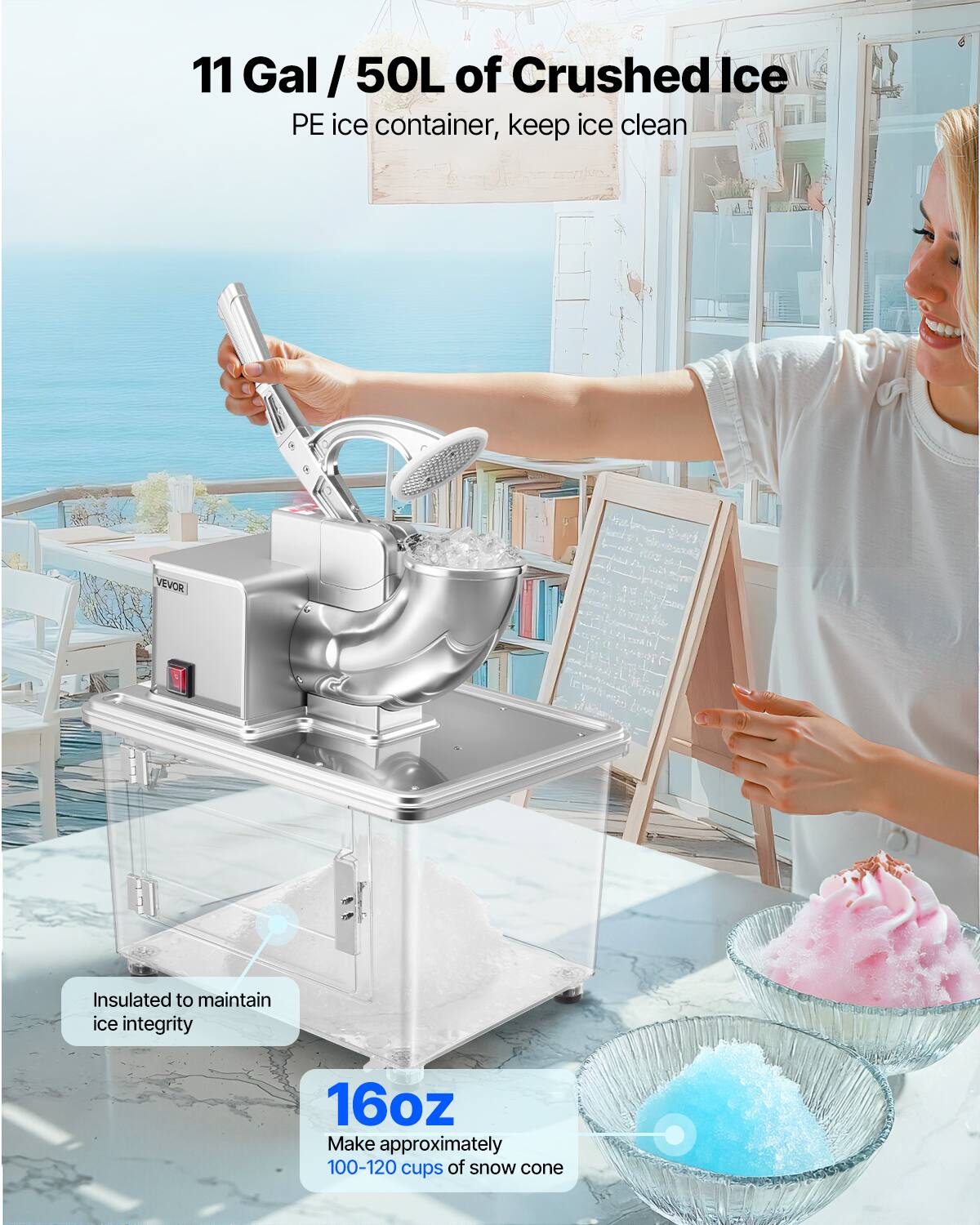 11 Gal / 50L of Crushed Ice, PE ice container, keep ice clean, VEVOR, Insulated to maintain ice integrity, 16oz, Make approximately 100-120 cups of snow cone