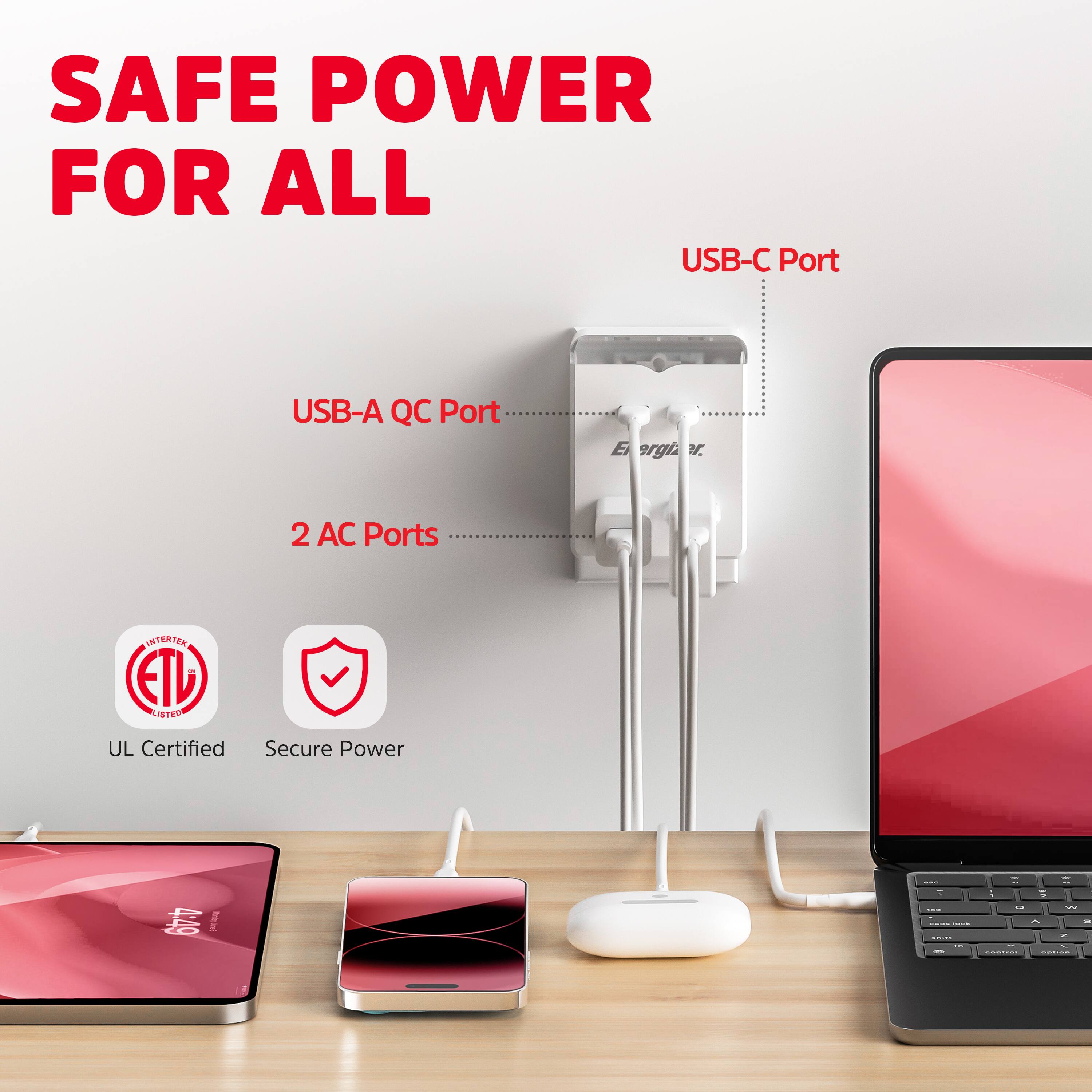 SAFE POWER FOR ALL

USB-C Port

USB-A QC Port

2 AC Ports

UL Certified

Secure Power