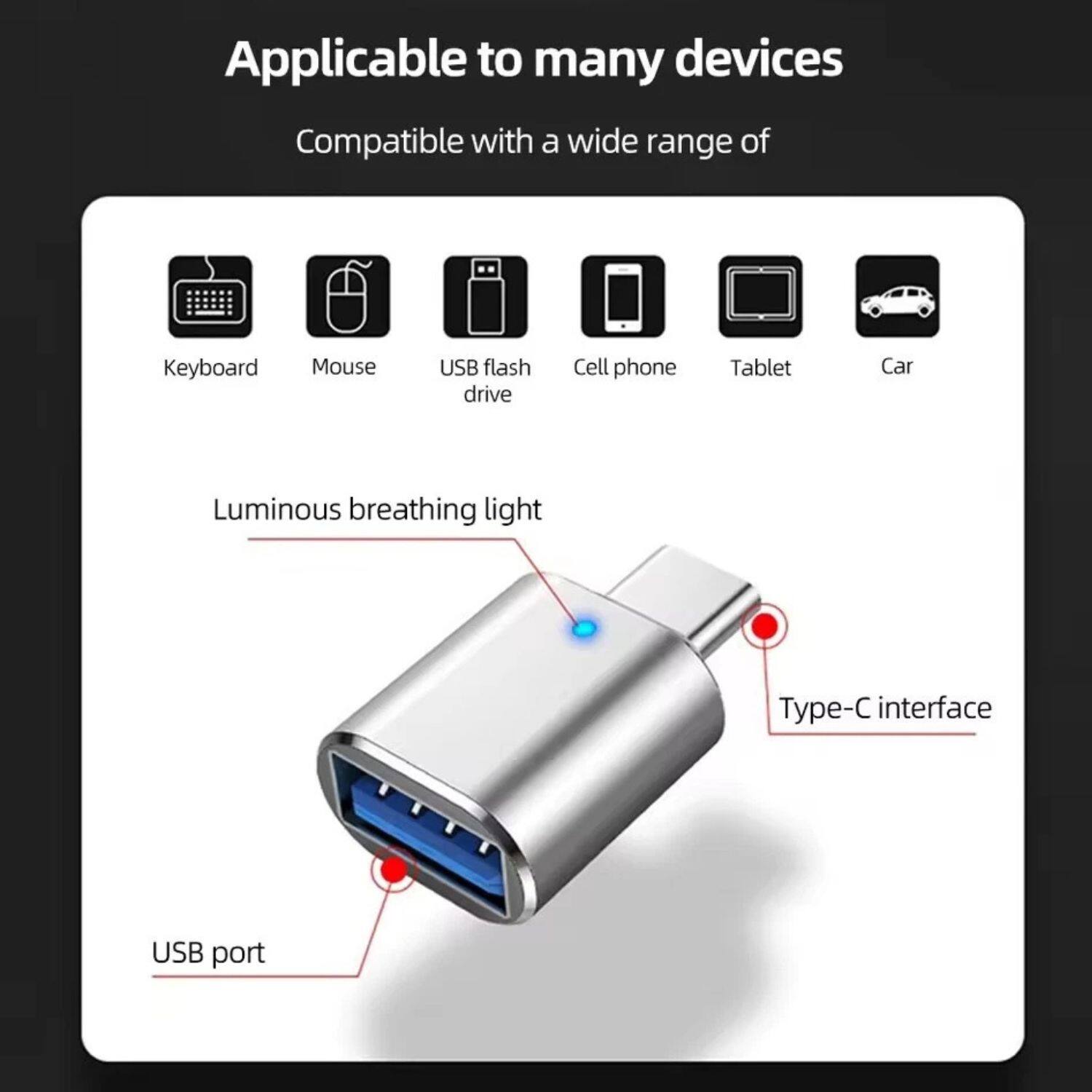 Applicable to many devices

Compatible with a wide range of:
- Keyboard
- Mouse
- USB flash drive
- Cell phone
- Tablet
- Car

Luminous breathing light

Type-C interface

USB port