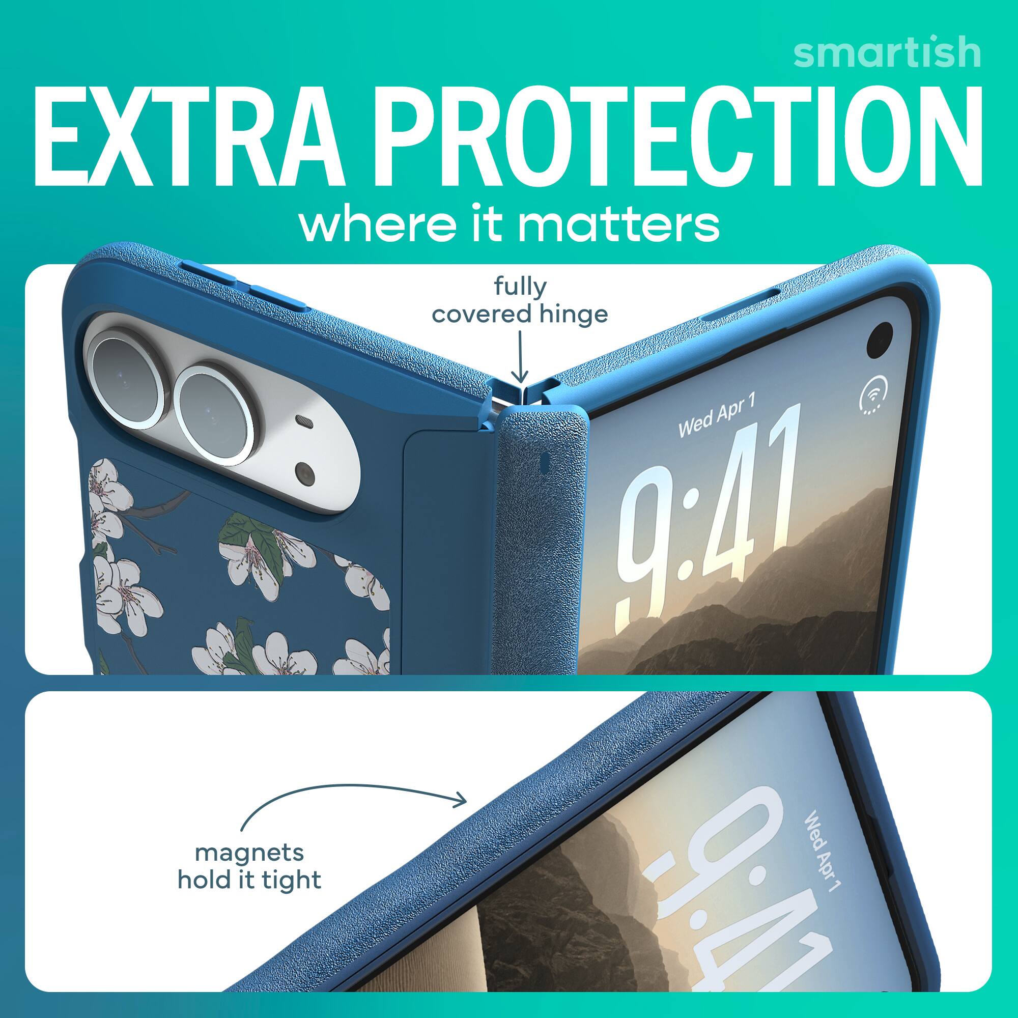 smartish EXTRA PROTECTION where it matters fully covered hinge 1 Wed Apr 9:41 magnets hold it tight 9:41 Apr 1