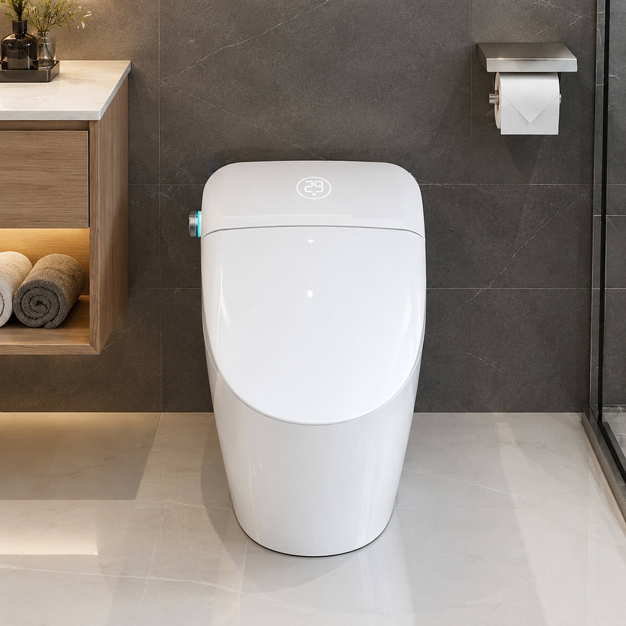 Back. RYHNUYNE - Luxury Smart Bidet Toilet With Heated Seat, Auto Open Close Foot Sensor LED Display Nightlight Warm Water Dryer In White - White.