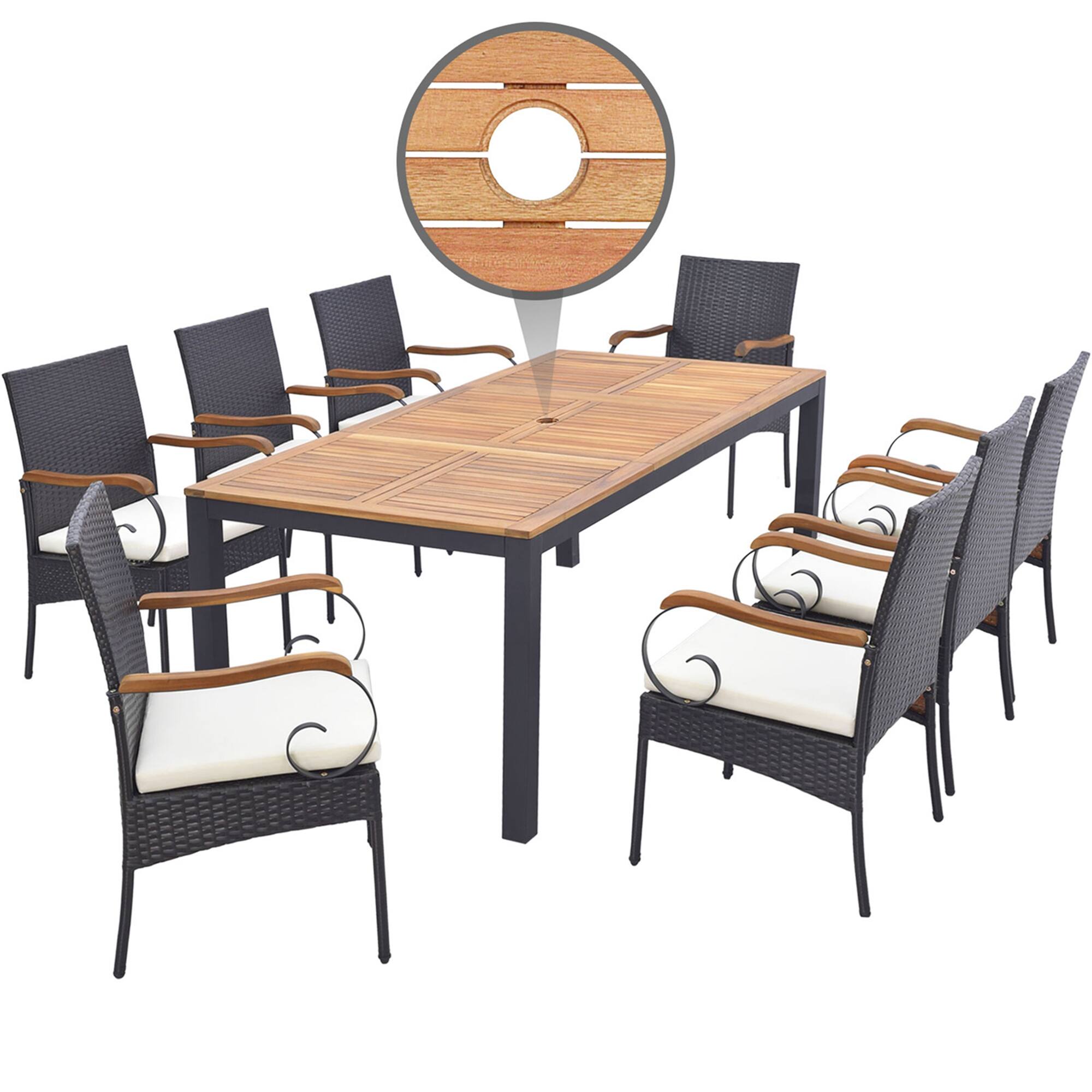 Alt View 6. Costway - 9 PCS Patio Rattan Dining Set with Acacia Wood Table, Cushions, 1.9" Umbrella Hole - Mix Brown + Off White.