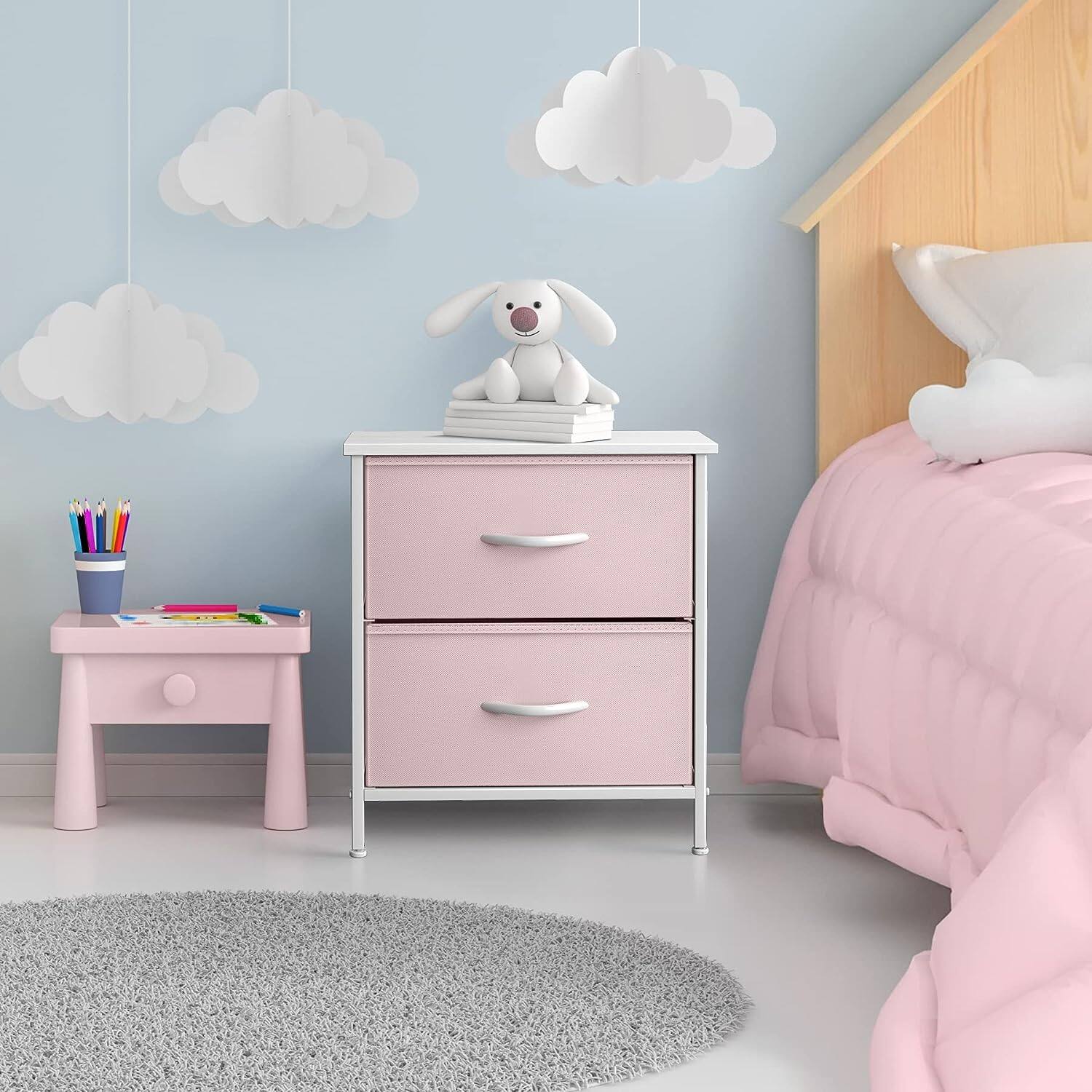 Angle. Sorbus - Sorbus Nightstand with 2 Drawers - Steel Frame, Wood Top &Fabric Bins -Home, Bedroom, Office &College Dorm, Kids Bedside - Pink.