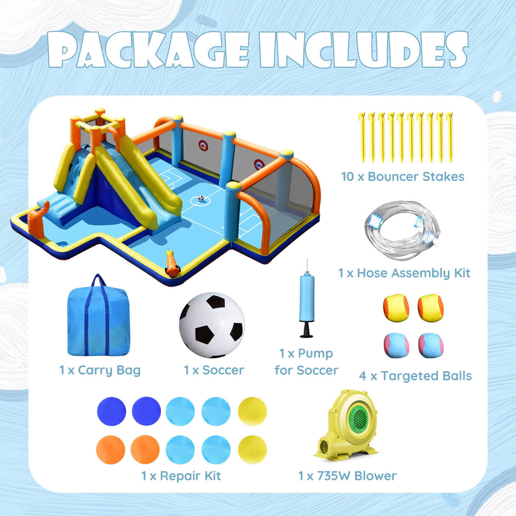 PACKAGE INCLUDES

- 10 x Bouncer Stakes
- 1 x Hose Assembly Kit
- 1 x Carry Bag
- 1 x Soccer
- 1 x Pump for Soccer
- 4 x Targeted Balls
- 1 x Repair Kit
- 1 x 735W Blower