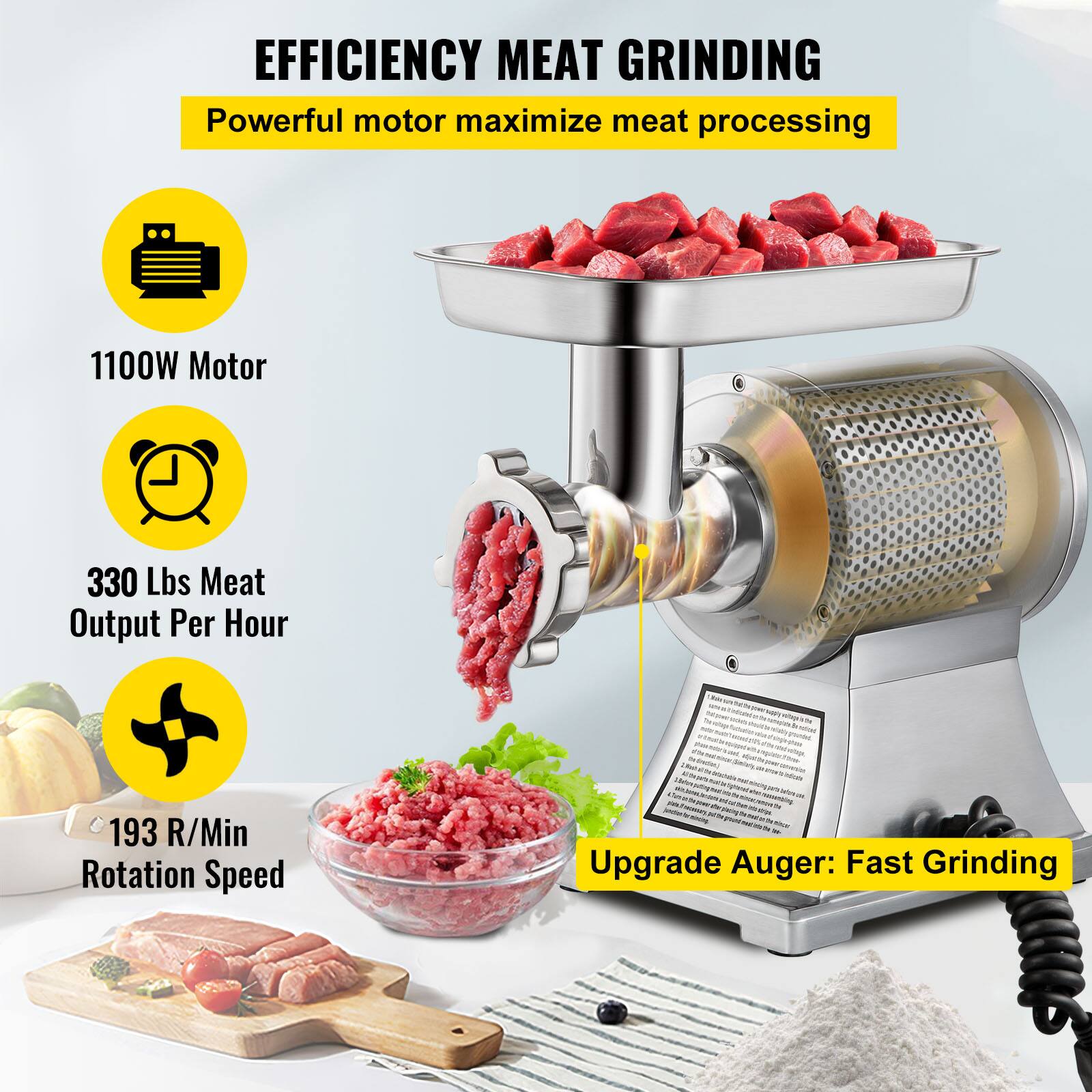 EFFICIENCY MEAT GRINDING
Powerful motor maximize meat processing
1100W Motor
330 Lbs Meat Output Per Hour
193 R/Min Rotation Speed
Upgrade Auger: Fast Grinding
