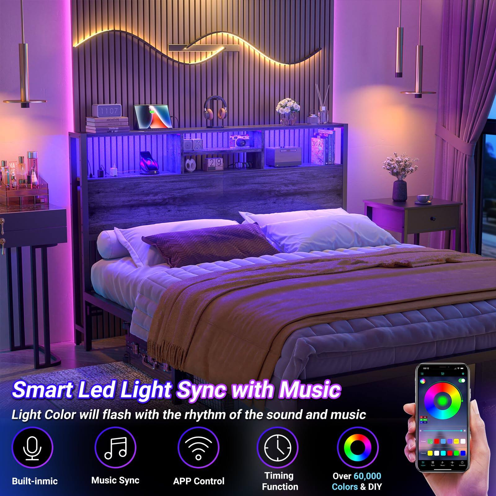 1107 I 219 9 Smart Led Light Sync with Music  
Light Color will flash with the rhythm of the sound and music  
- Built-in mic  
- Music Sync  
- APP Control  
- Timing Function  
- Over 60,000 Colors & DIY