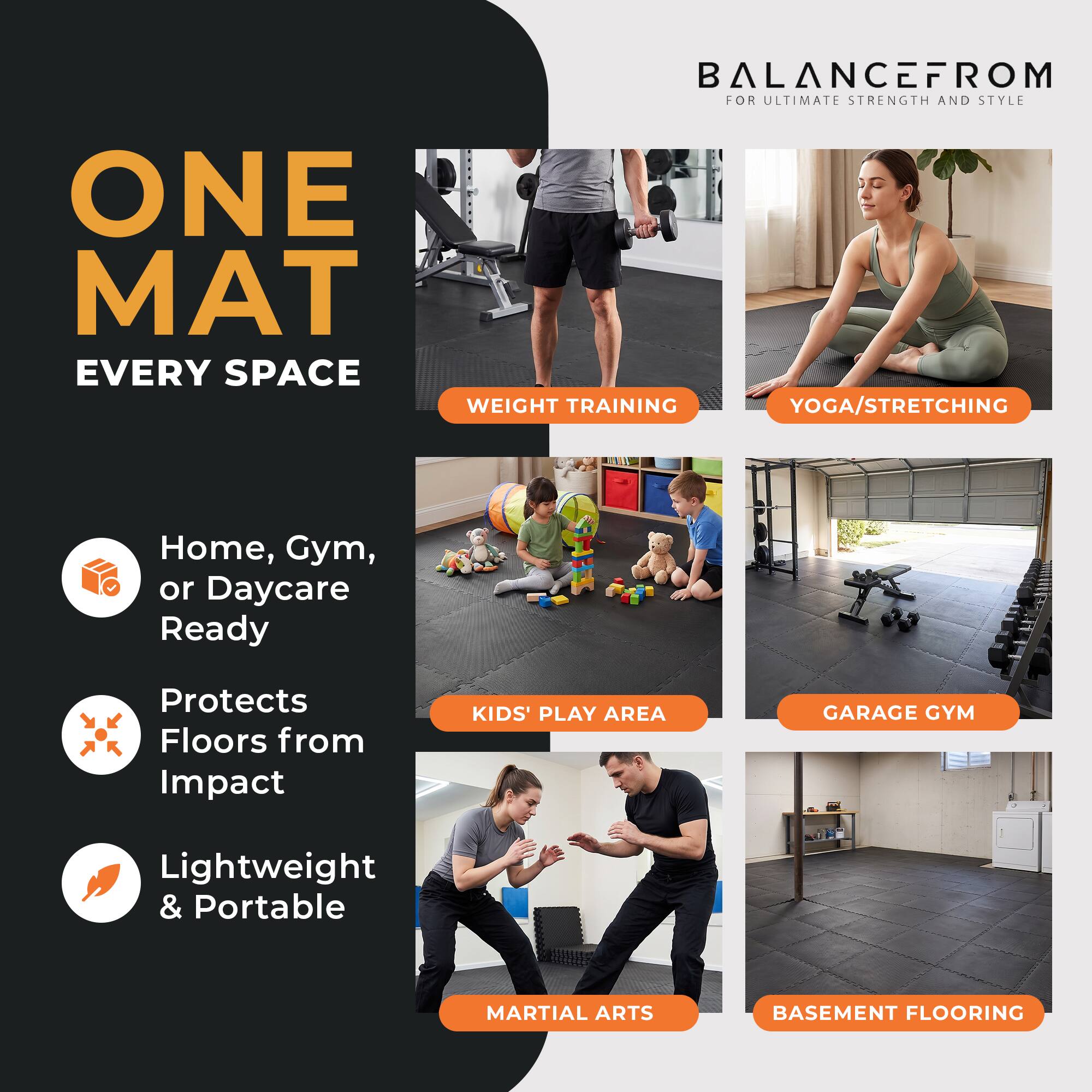 BALANCEFROM FOR ULTIMATE STRENGTH AND STYLE

ONE MAT EVERY SPACE

- WEIGHT TRAINING
- YOGA/STRETCHING
- KIDS' PLAY AREA
- GARAGE GYM
- MARTIAL ARTS
- BASEMENT FLOORING

Home, Gym, or Daycare Ready
Protects Floors from Impact
Lightweight & Portable