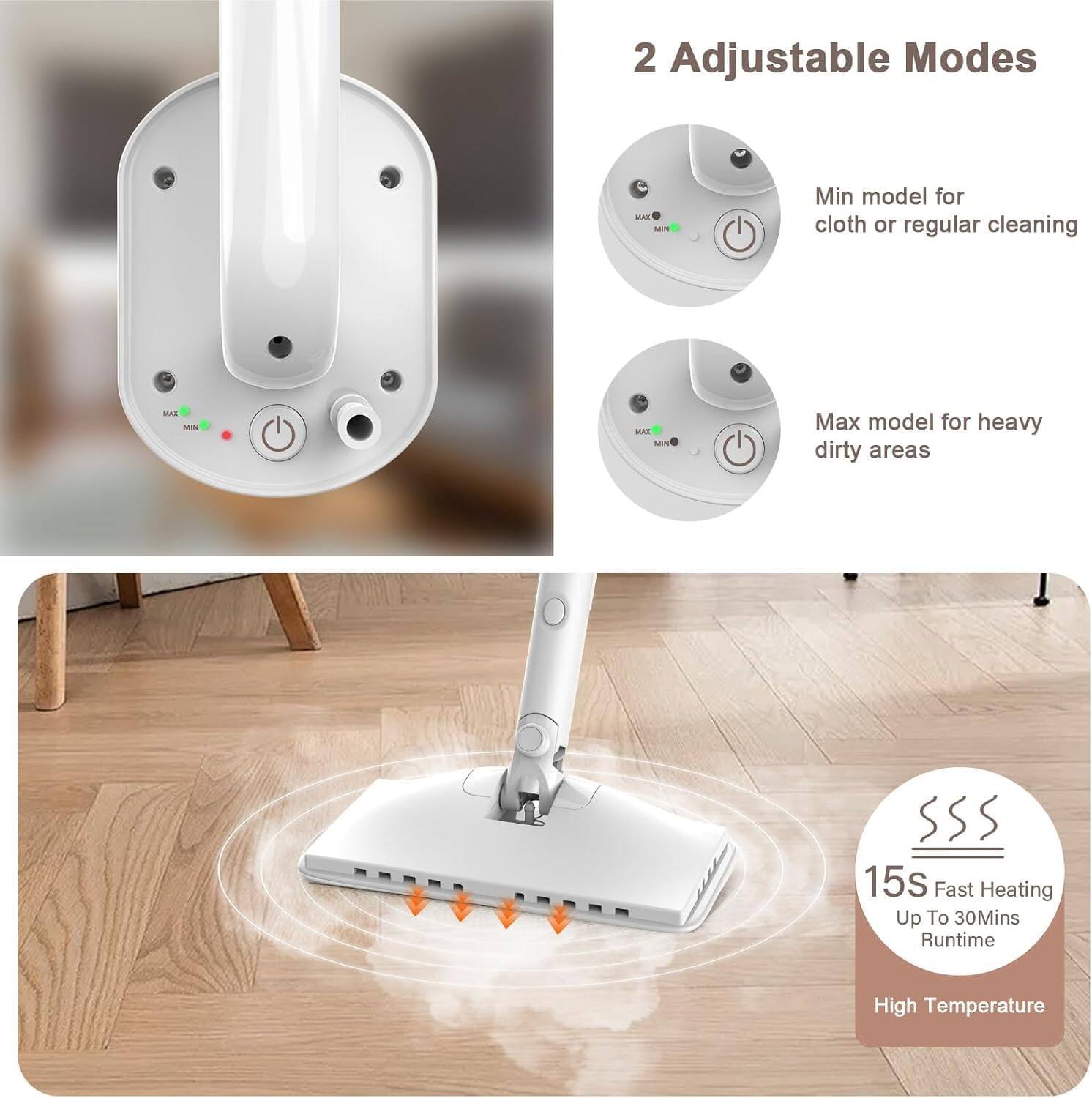2 Adjustable Modes

- Min model for cloth or regular cleaning
- Max model for heavy dirty areas

15s Fast Heating
Up To 30Mins Runtime
High Temperature