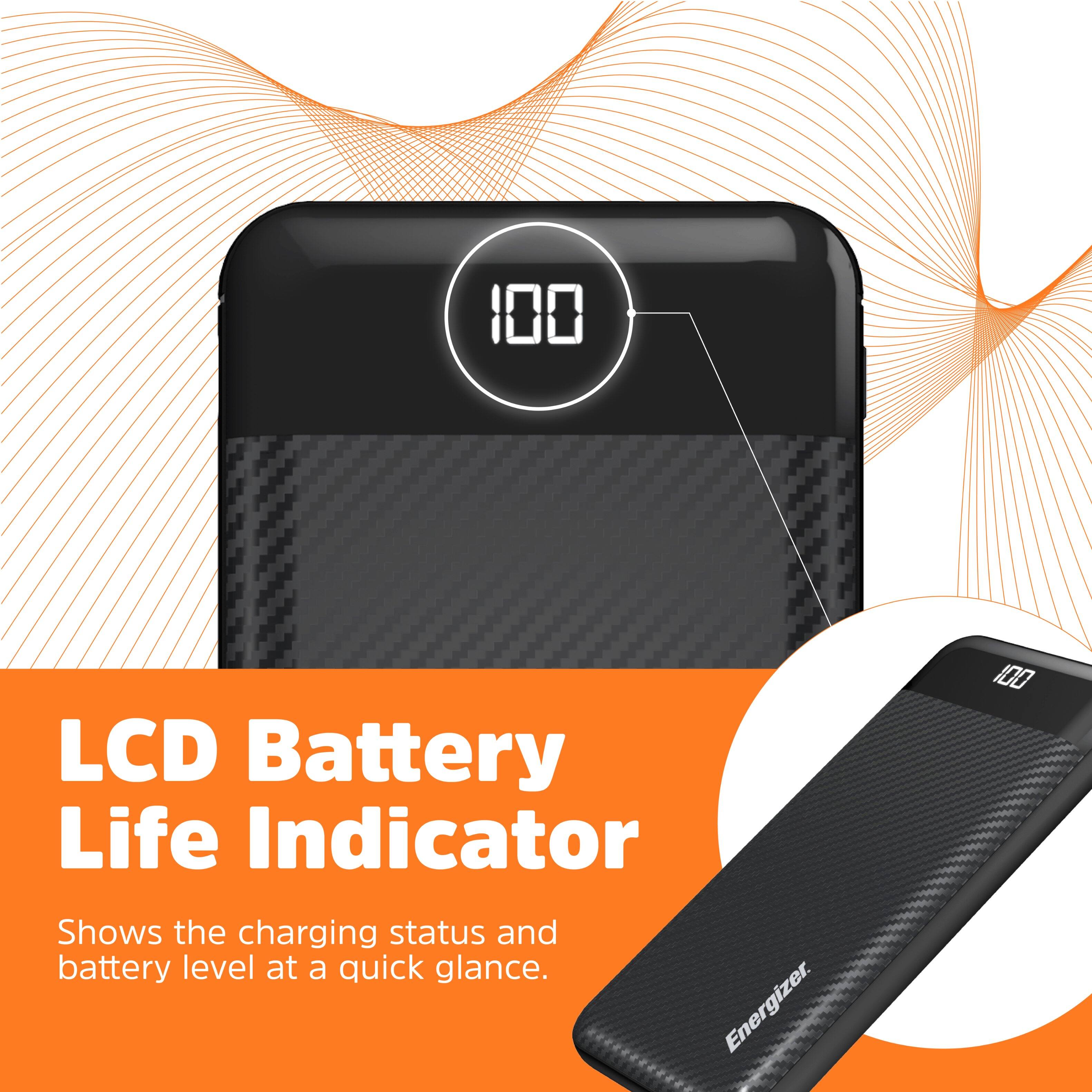 The image features a product called the LCD Battery Life Indicator, which is designed to show the charging status and battery level at a quick glance. The product is made by Energizer, a well-known brand in the battery industry. The device is displayed in front of a black background, with the Energizer logo visible in the background. The LCD Battery Life Indicator is a useful tool for monitoring battery levels and ensuring that devices are charged and ready for use.