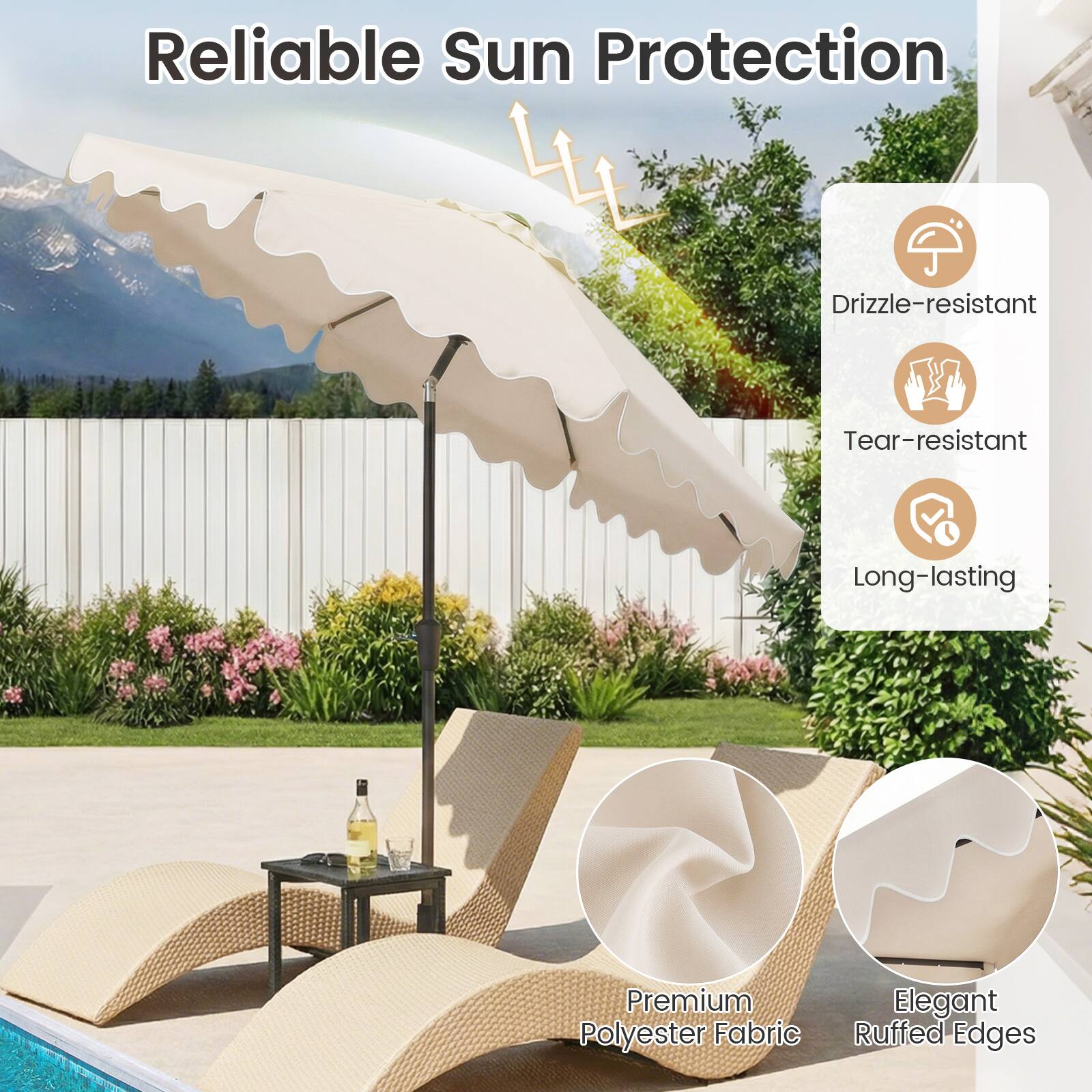 Reliable Sun Protection  
Drizzle-resistant  
Tear-resistant  
Long-lasting  
Premium Polyester Fabric  
Elegant Ruffled Edges