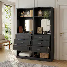 Aheaplus - 50" W Modular Closet Storage System Set of 2, Freestanding Wardrobe with 6 Wooden Drawers & 2 HD Mirrors - Black