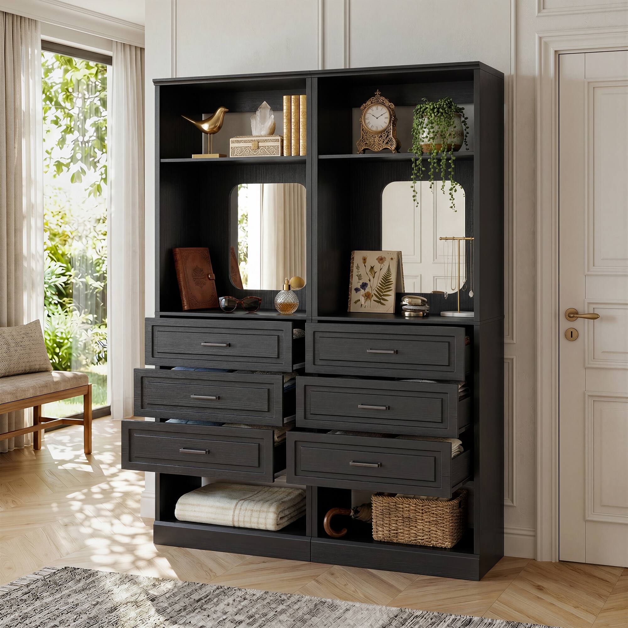 Alt View 2. Aheaplus - 25'' Upgraded Style Walk-in Closet Organizer with 3 Drawers and Mirror - Black.