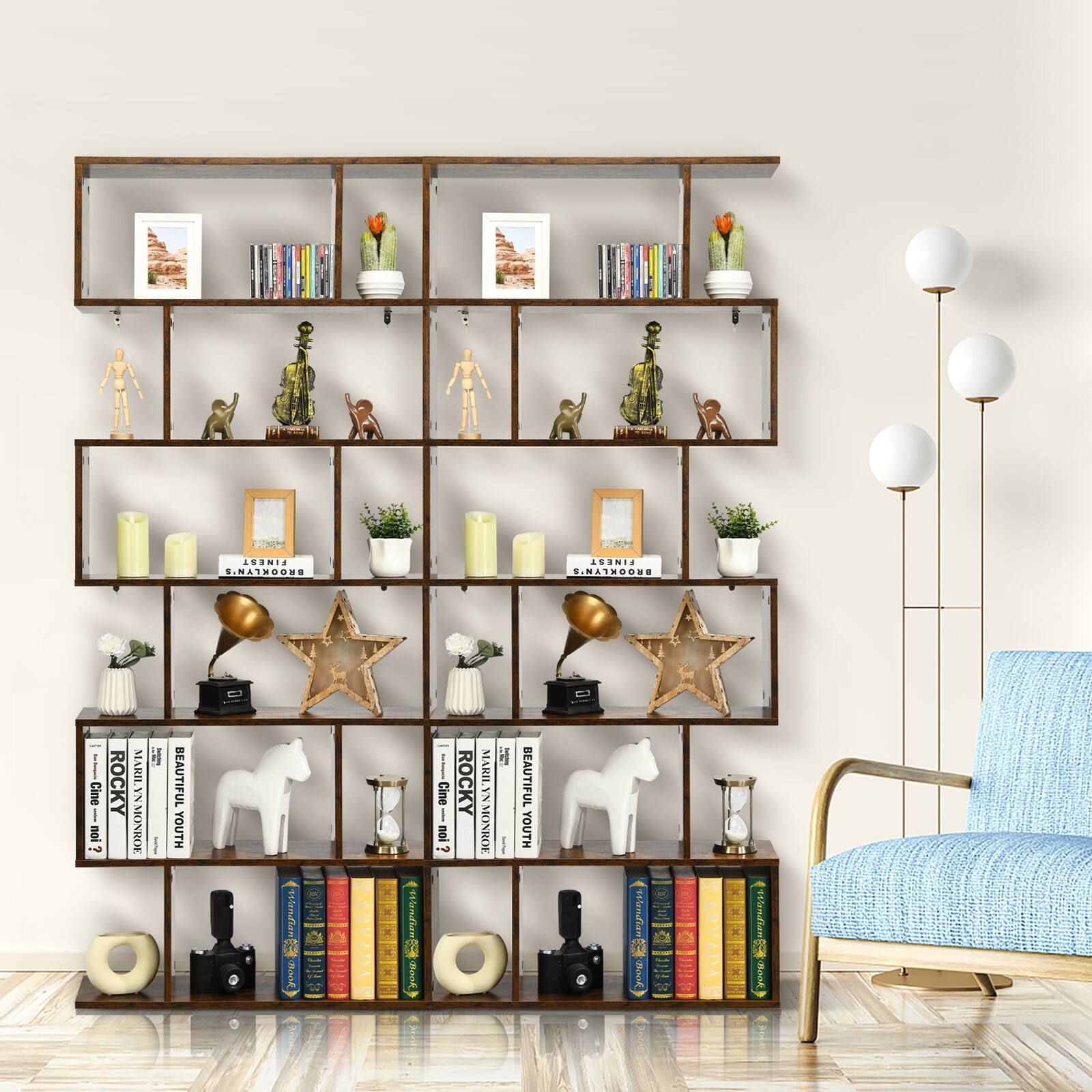 The image features a bookshelf with various items on it, including books, records, and decorative objects. The shelf is filled with items such as a record player, a star, a horse, and a potted plant. There is also a chair nearby, and a clock is visible in the scene. The bookshelf is filled with a diverse collection of items, creating an interesting and visually appealing display.