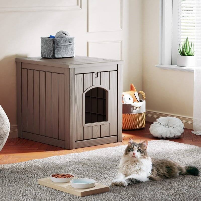 Left. Yardgrace - Outdoor Pet House Weatherproof Resin for Outdoor Pets, Durable Insulated Shelter for Garden Patio - Brown.