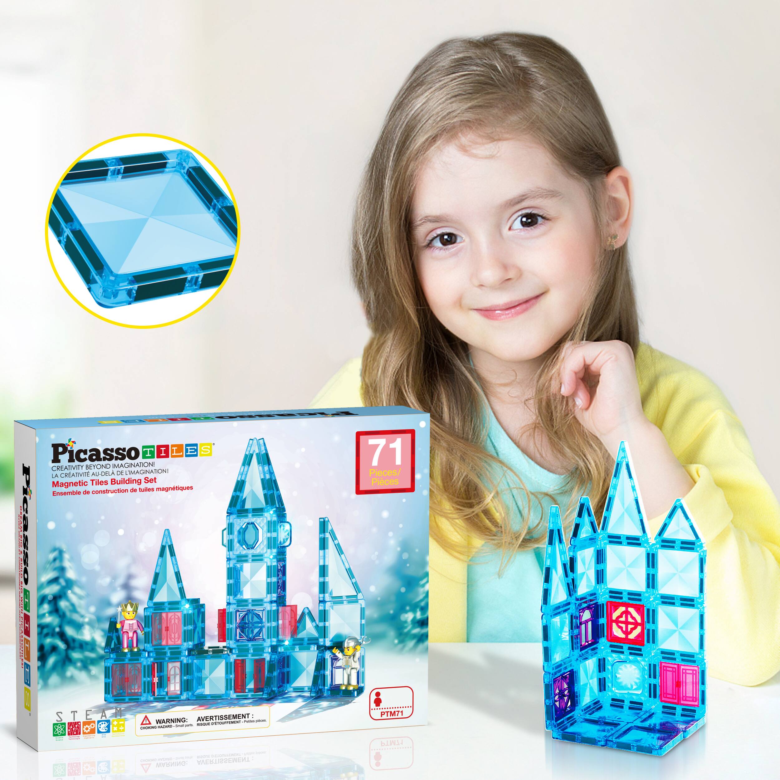 Picasso TILES  
Creativity Beyond Imagination  
Magnetic Tiles Building Set  
Ensemble de construction de tuiles magnétiques  
71 Pieces  
PTM71  

WARNING: AVERTISSEMENT
