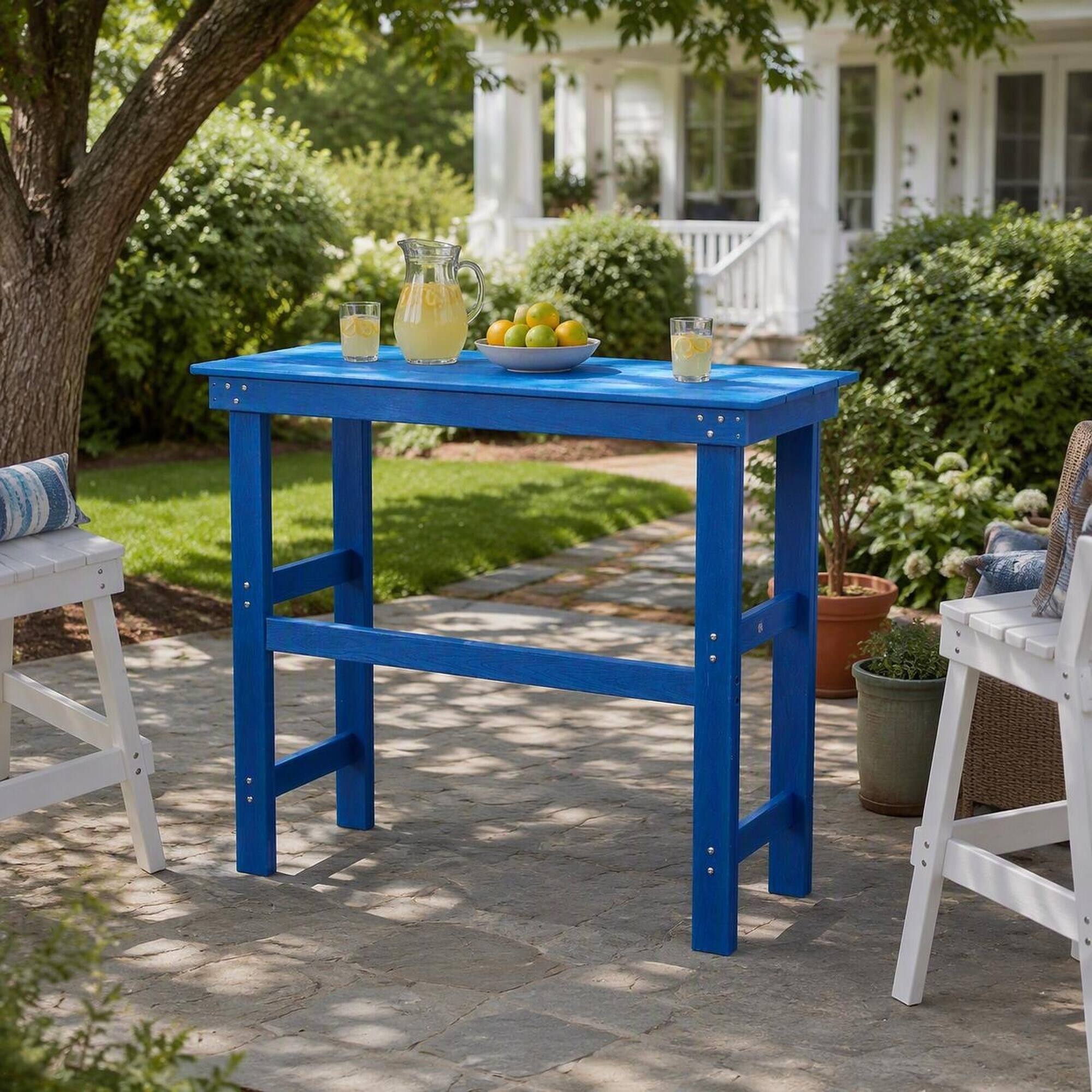 Angle. RYHNUYNE - Navy Blue Outdoor Bar Table for Patio Lawn and Poolside,Weatherproof HDPE Dining Height Table with Slatted Top - Lake Blue.