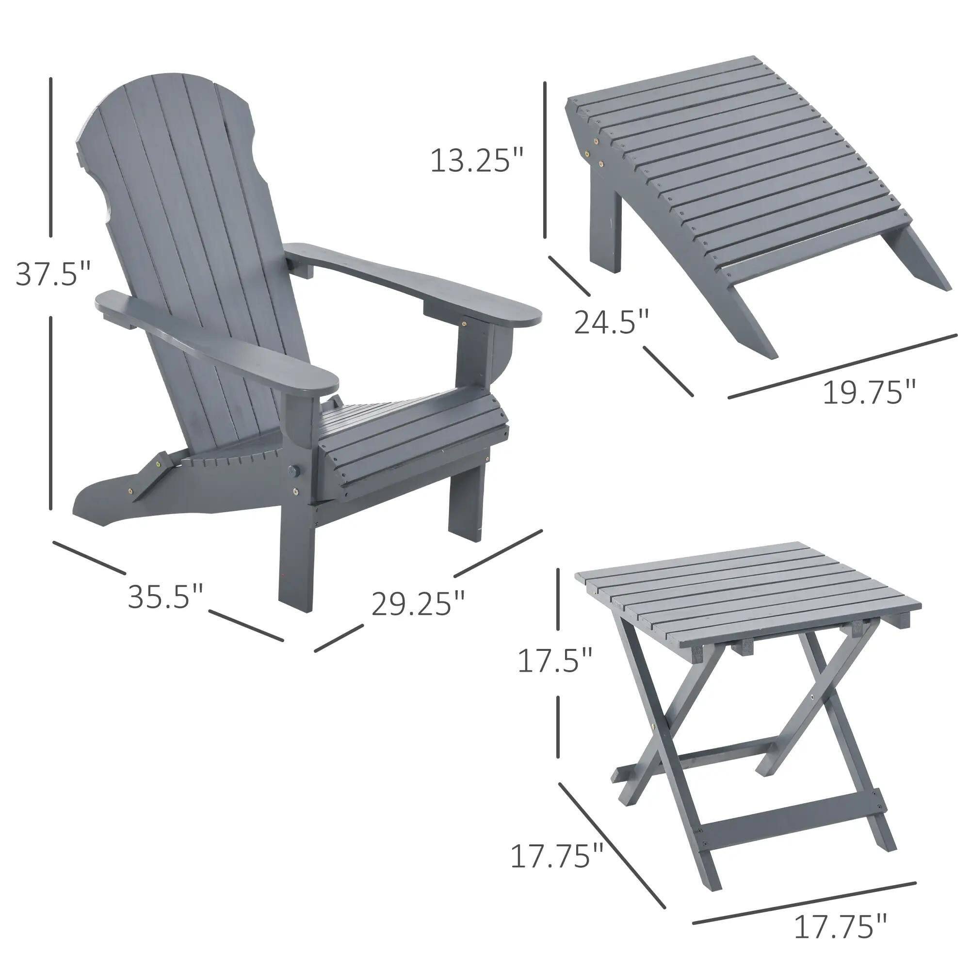 Chair: 37.5", 13.25", 35.5", 29.25"

Table: 24.5", 19.75", 17.75", 17.75", 17.5"