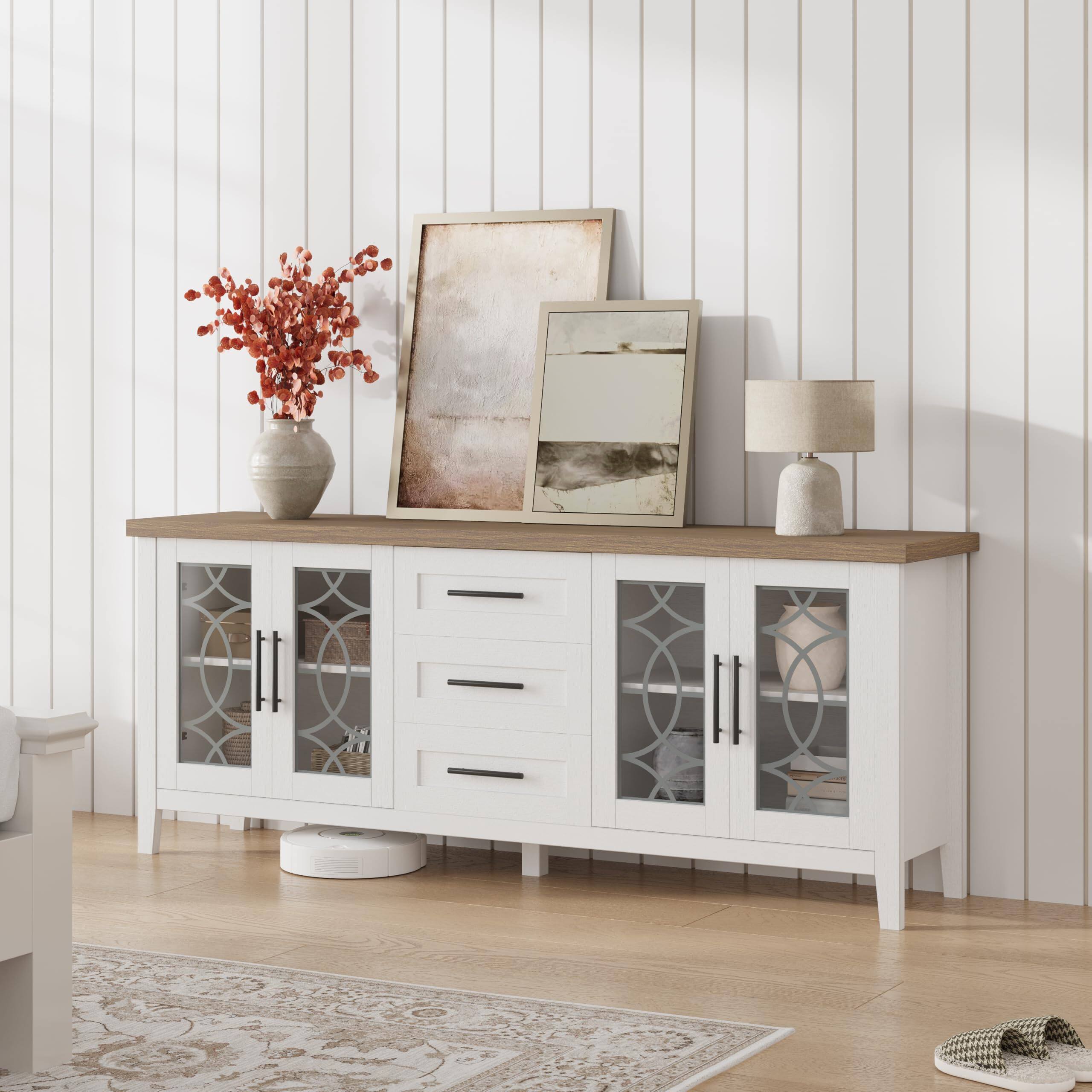 Alt View 4. Babevy - 63" Farmhouse TV Stand for 70" TVs, Rustic Entertainment Center with Glass Doors, 2 Cabinets & 3 Drawers - White.