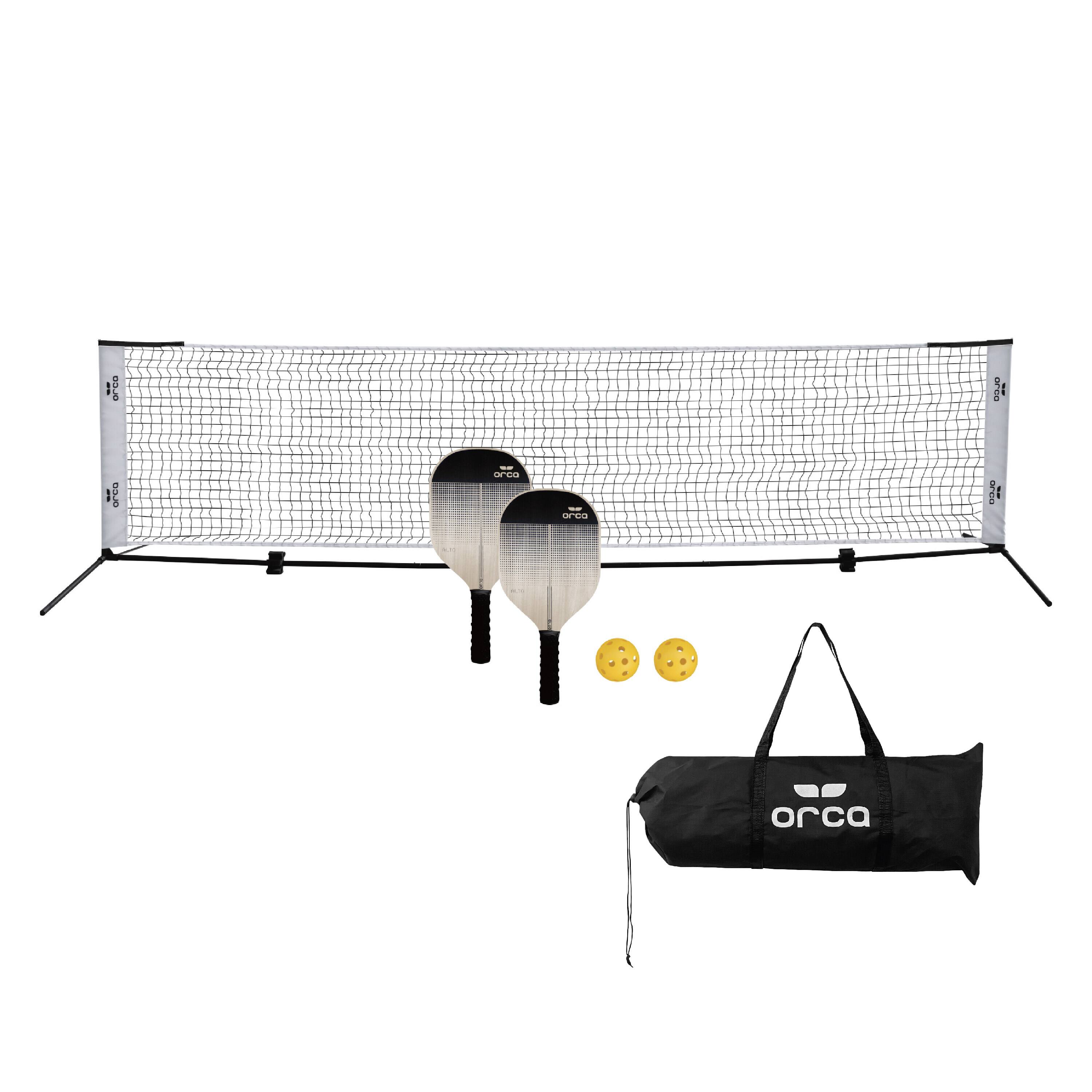 The image features a tennis net and a bag of tennis balls. The bag contains a total of six tennis balls. The net is set up, ready for a game of tennis.