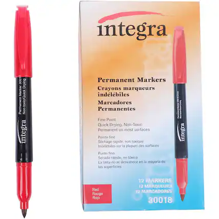 Integra 3001 Drying Marker Permanent Non-toxic/Quick Drying, Permanent Markers Crayons marqueurs indélébiles Marcadores Permanentes Fine Point Quick Drying, Non-Toxic Permanent on most surfaces Pointe fine, Secchage rapide, non toxique Indélébiles sur la plupart des surfaces Punto fino, Secado rápido, no tóxico La tinta no se desvanece en la mayoría de las superficies China 300 Buskg Marker Permanent nothin_o_ integra Red Rouge Rojo 12 MARKERS 12 MARQUEURS 12 MARCADORES 30018