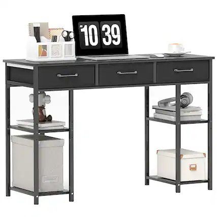 Front. Homcom - 47" Computer Desk with 3 Fabric Drawers, Home Office Desk with Adjustable Shelves, Small Writing Desk - Black.