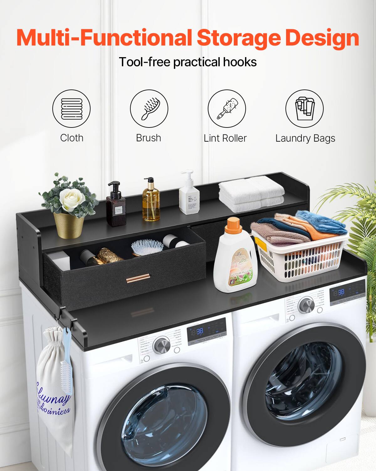 Multi-Functional Storage Design  
Tool-free practical hooks  

Cloth  
Brush  
Lint Roller  
Laundry Bags  

18:88  
18:88