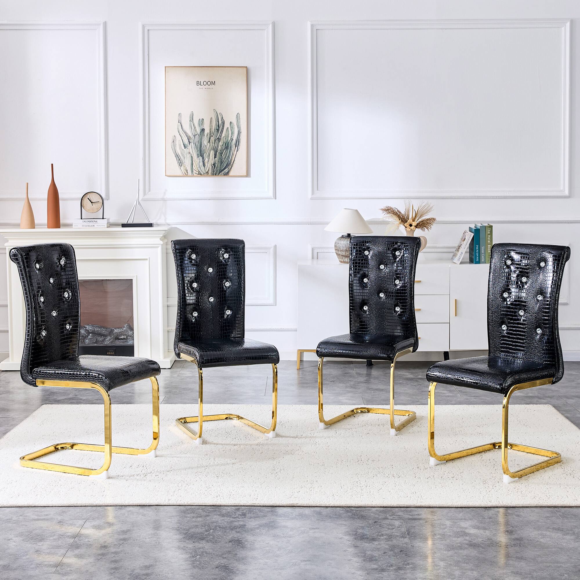Angle. Loheer - Set of 4 Retro Alligator Faux Leather Dining Chairs, Gold Bow Legs, Crystal Buckle, 1.37x1.87x3.3 ft - Black.