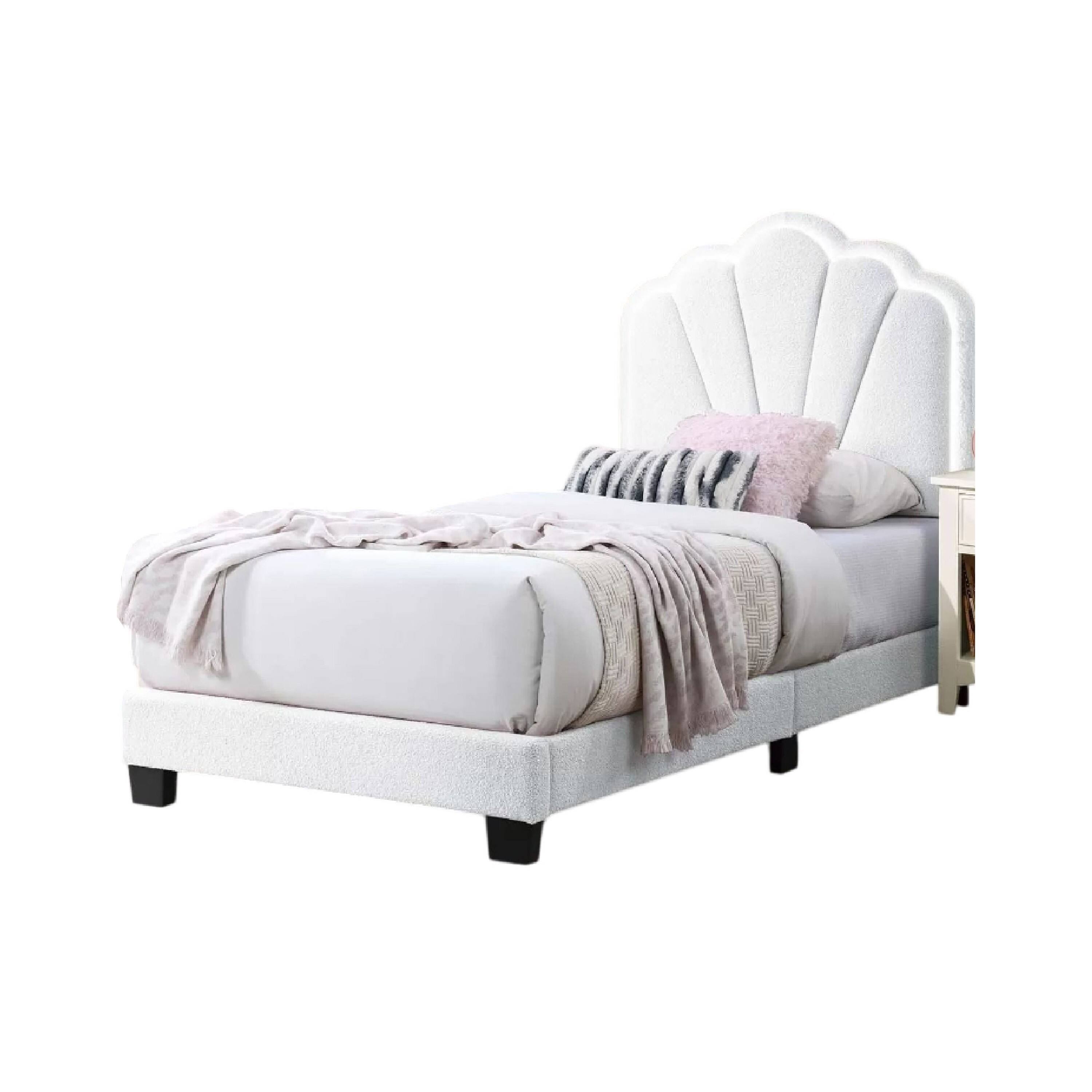 Alt View 2. Manhattan Lane - Roxy Twin Bed, White Wool Upholstery, LED Lighting, Padded Headboard - White, Black.