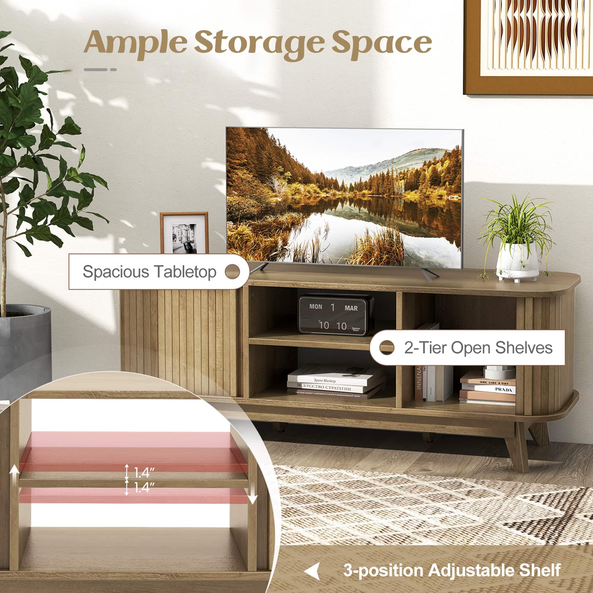 Ample Storage Space: Spacious Tabletop, 2-Tier Open Shelves, 3-position Adjustable Shelf.