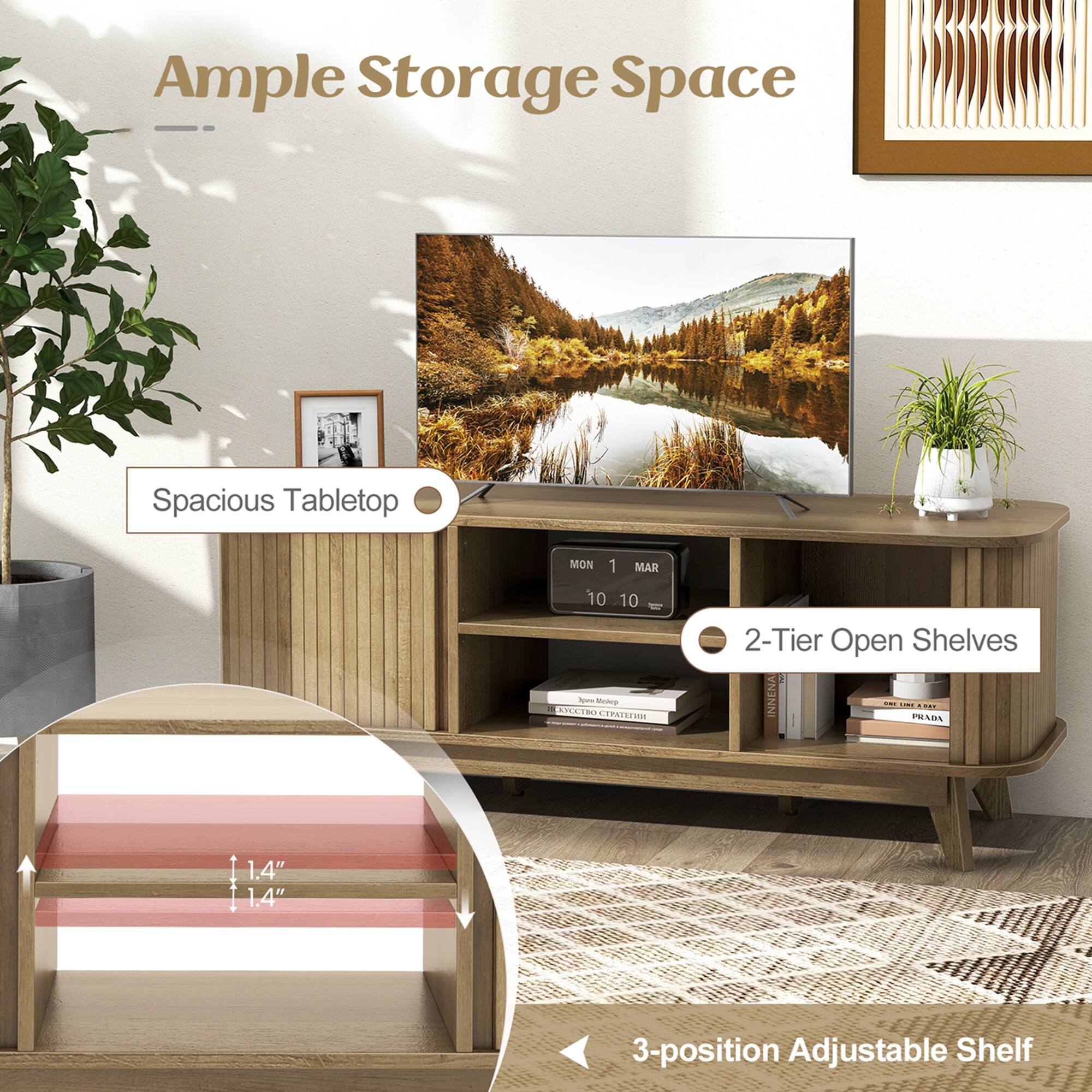 Ample Storage Space: Spacious Tabletop, 2-Tier Open Shelves, 3-position Adjustable Shelf.