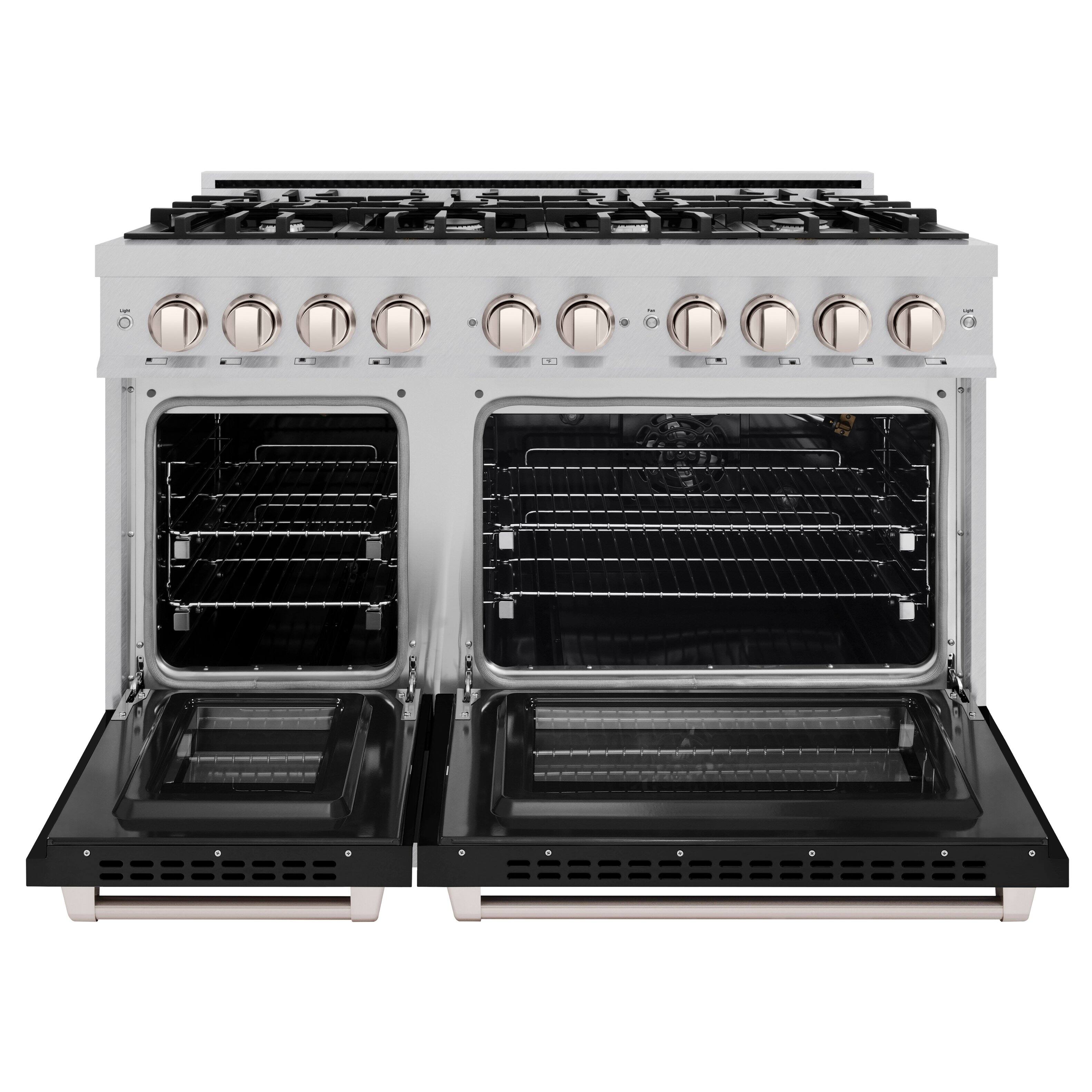 Left. ZLINE - ZLINE 48 in. 6.7 cu. ft. Freestanding Select Satin Steel Gas Range w/ 8 Burner Cooktop & Black Matte Doors - Satin Stainless Steel.