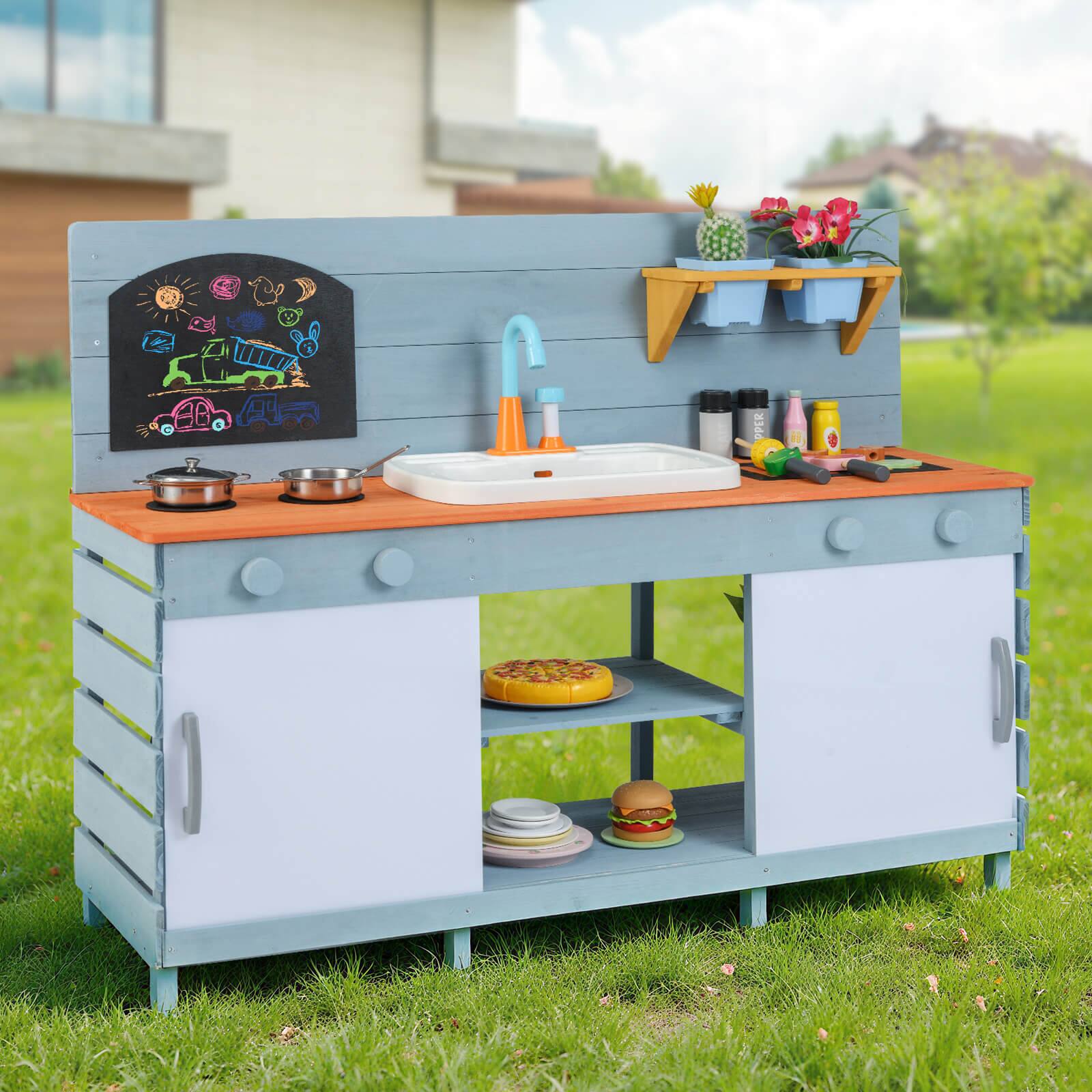 Alt View 1. Costway - Costway Play Kitchen for Kids Wooden Toy Kitchen Playset with Chalkboard Grill Rack - Blue.
