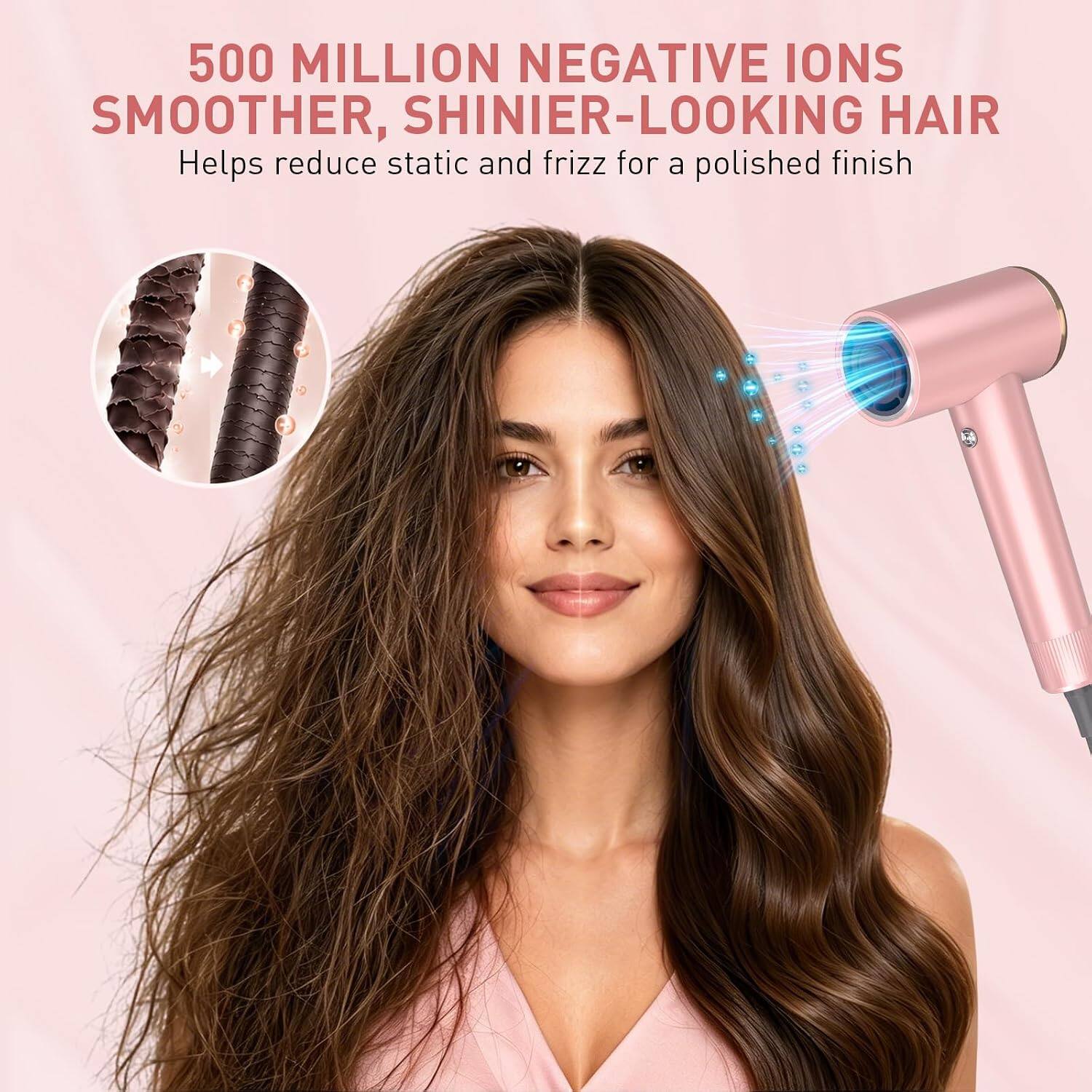 500 MILLION NEGATIVE IONS  
SMOOTHER, SHINIER-LOOKING HAIR  
Helps reduce static and frizz for a polished finish