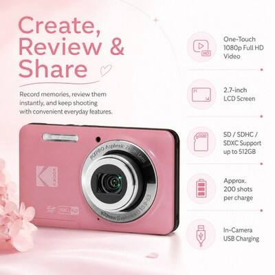 Create, Review & Share Record memories, review them instantly, and keep shooting with convenient everyday features.

One-Touch 1080p Full HD Video
2.7-inch LCD Screen

KODAK
HD
Asphere PIXPRO

13.9-63

GOOD
SD / SDHC / SDXC Support up to 512GB
Approx. 200 shots per charge
In-Camera USB Charging