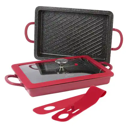 Front. Curtis Stone - Curtis Stone 13-in-1 Dura-Pan+ Sauté Pan with Grill Pan and Lid Red - Red.