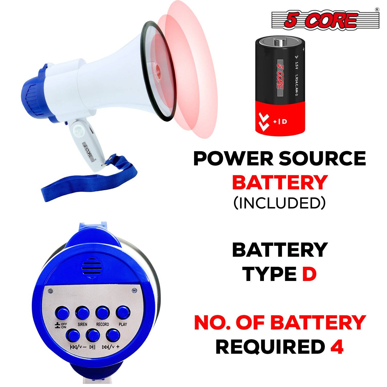 5 CORE

POWER SOURCE  
BATTERY (INCLUDED)

BATTERY TYPE D

NO. OF BATTERY REQUIRED 4