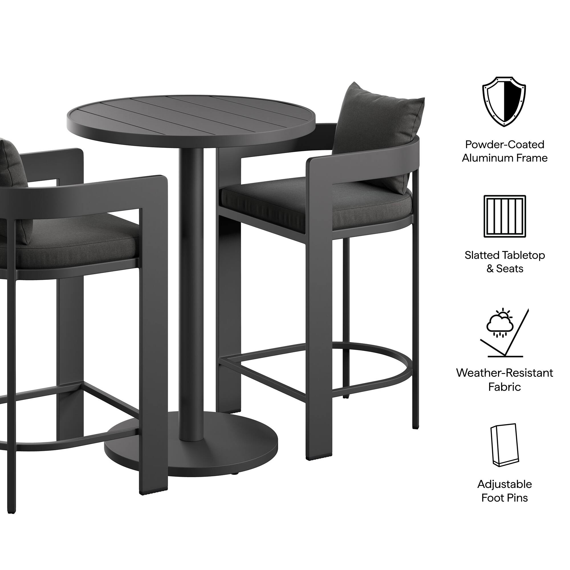 Powder-Coated Aluminum Frame  
Slatted Tabletop & Seats  
Weather-Resistant Fabric  
Adjustable Foot Pins