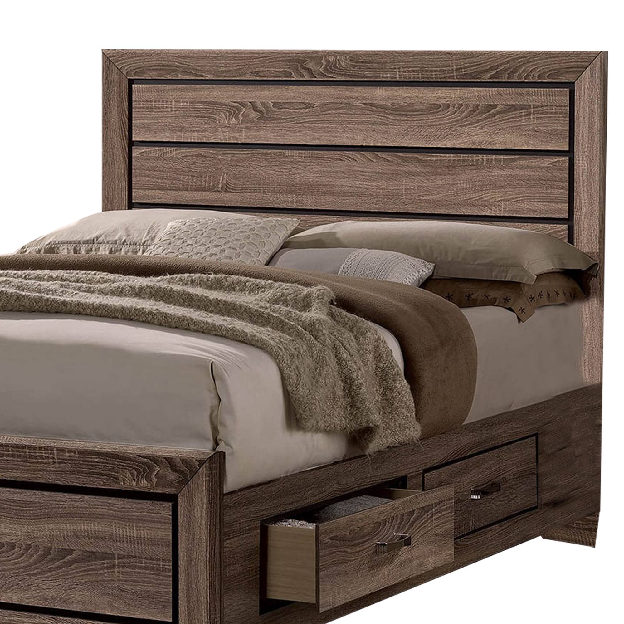 Alt View 1. Manhattan Lane - Wooden Eastern King Size Bed with Storage Drawers - Brown.