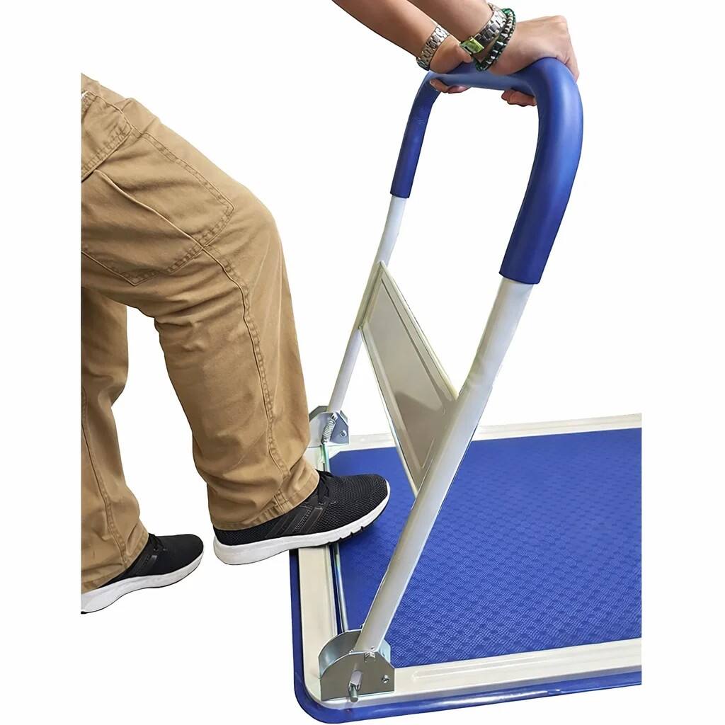 Angle. Sugift - 330 lbs Foldable Push Cart Dolly, Heavy Duty Flat Bed Hand Truck with 360° Swivel Wheels - Blue.