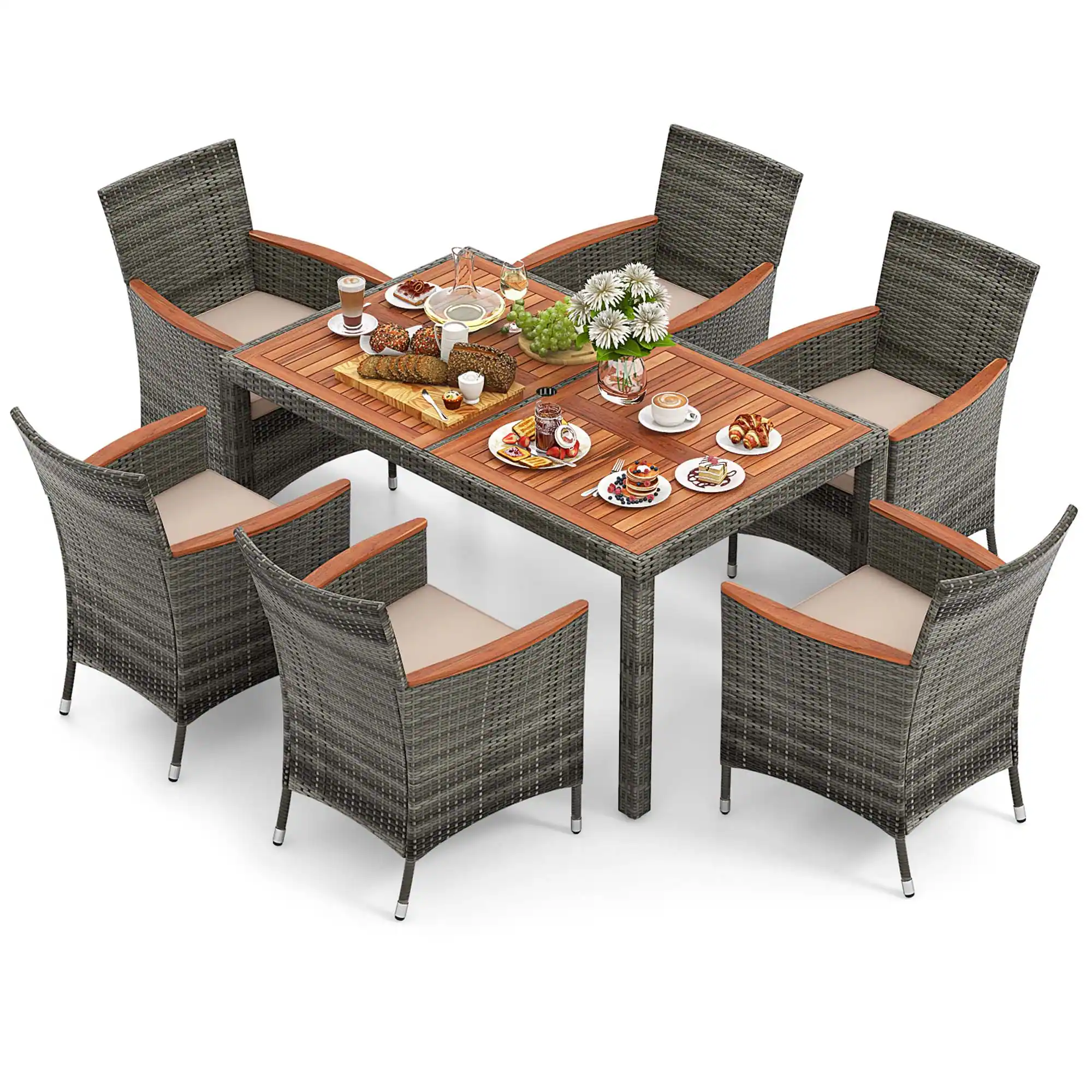 Front. Gymax - Gymax 7 PCS Patio Wicker Dining Set w/ Acacia Wood Table & 6 Armchairs - Mix Gray, Beige.