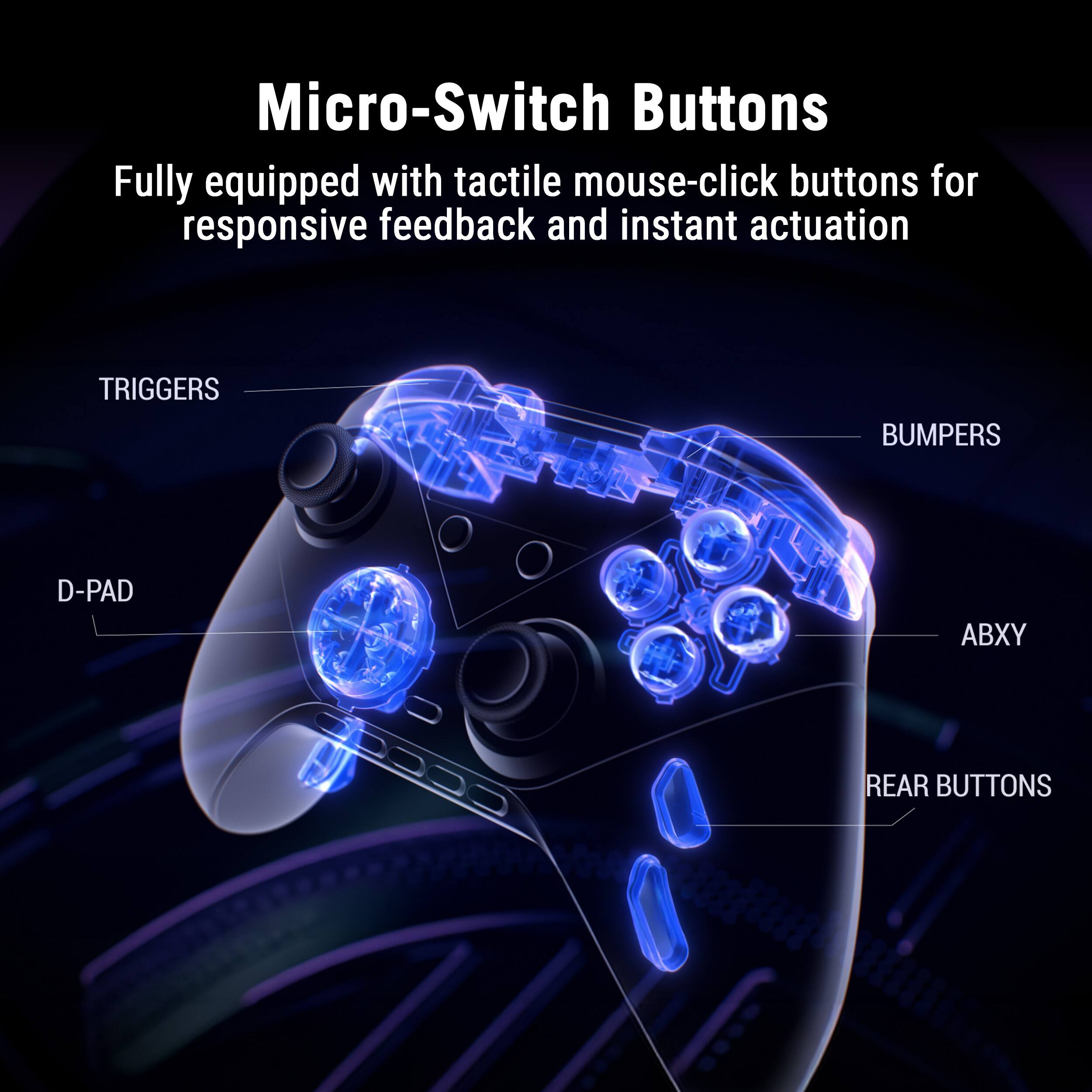 Micro-Switch Buttons  
Fully equipped with tactile mouse-click buttons for responsive feedback and instant actuation  

TRIGGERS  
BUMPERS  
D-PAD  
ABXY  
REAR BUTTONS