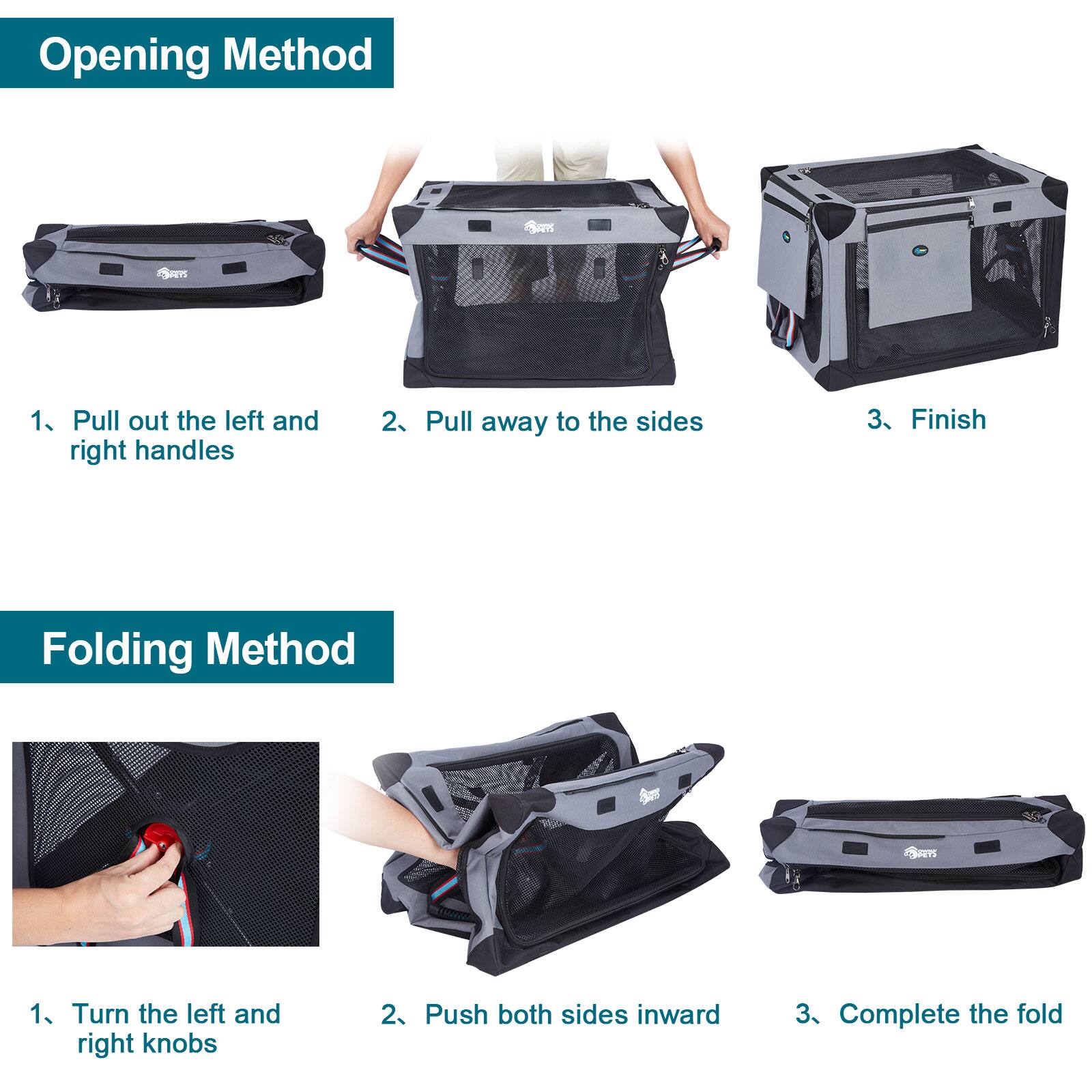 **Opening Method**

1. Pull out the left and right handles
2. Pull away to the sides
3. Finish

**Folding Method**

1. Turn the left and right knobs
2. Push both sides inward
3. Complete the fold