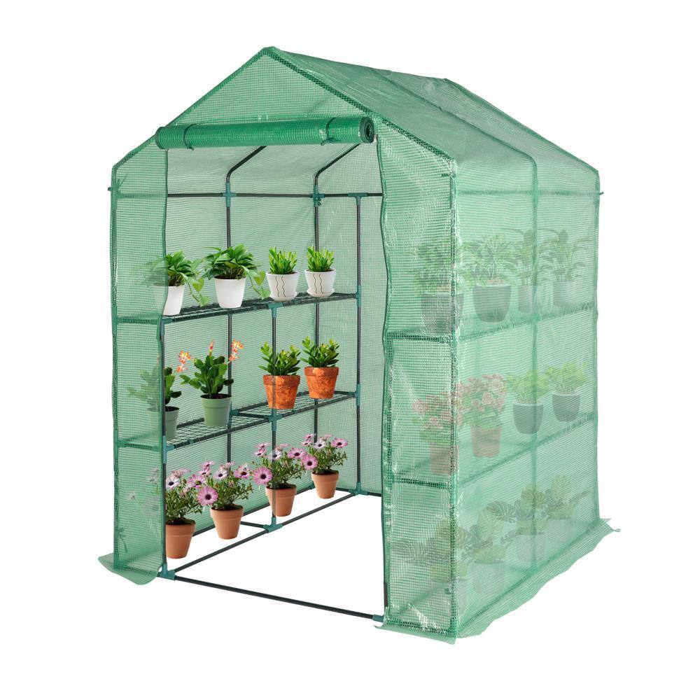 Back. Winado - 56"x29"x77" Walk-in Greenhouse, Outdoor Durable PE Plant Green House for Frost Protection with 3 Tiers 4 Shelves.