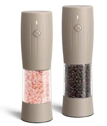 Front. FINEAK - Rechargeable Electric Salt and Pepper Grinder Set in Brown with LED Light - Housewarming Gift - Brown.