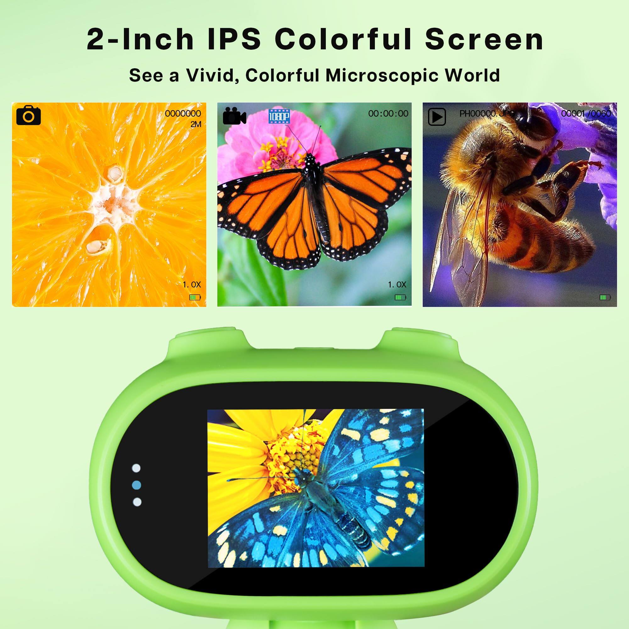 2-Inch IPS Colorful Screen  
See a Vivid, Colorful Microscopic World  

00:00:00  
PH000001.JP  
00001/0060  

1.0X  
1.0X