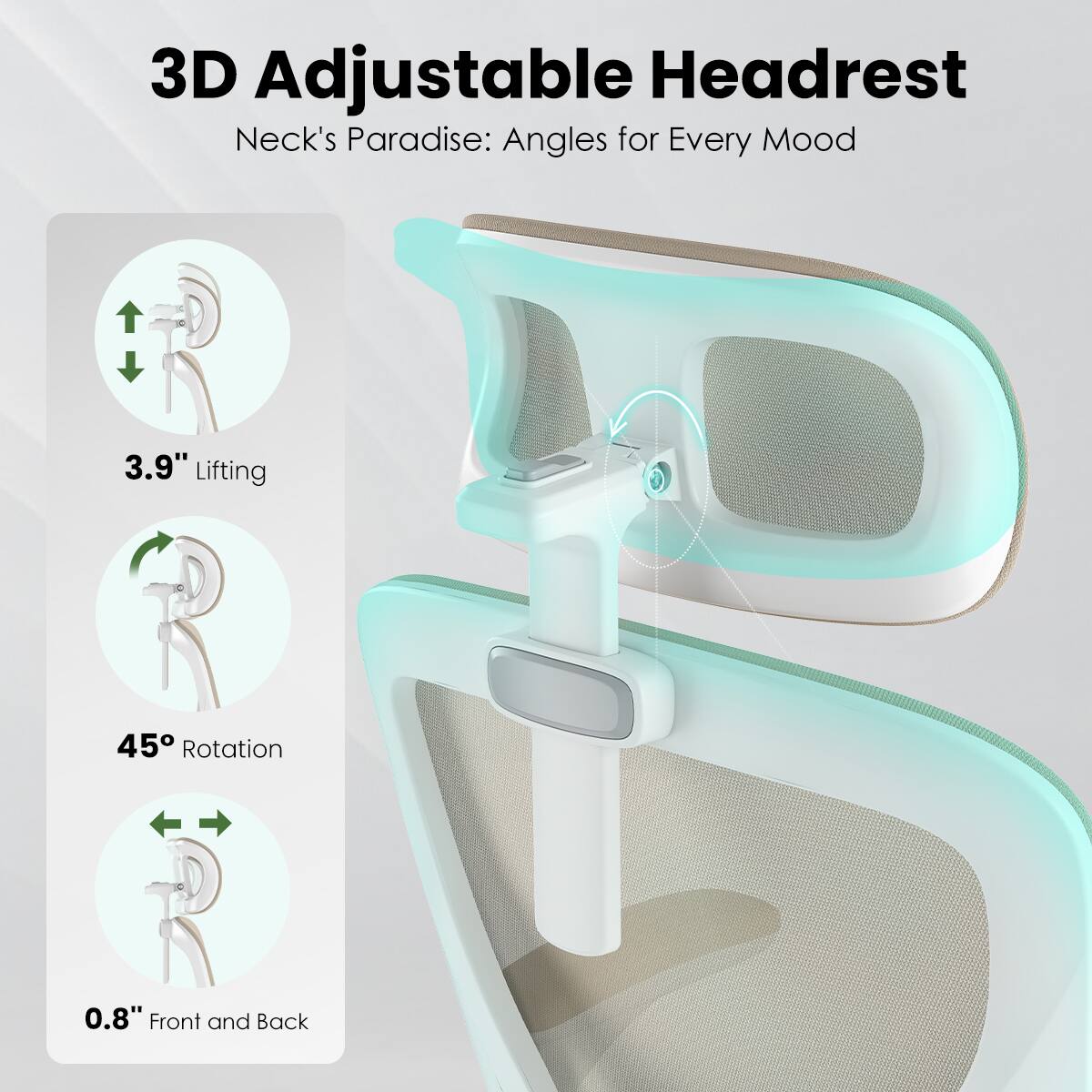 3D Adjustable Headrest  
Neck's Paradise: Angles for Every Mood  

- 3.9" Lifting  
- 45° Rotation  
- 0.8" Front and Back