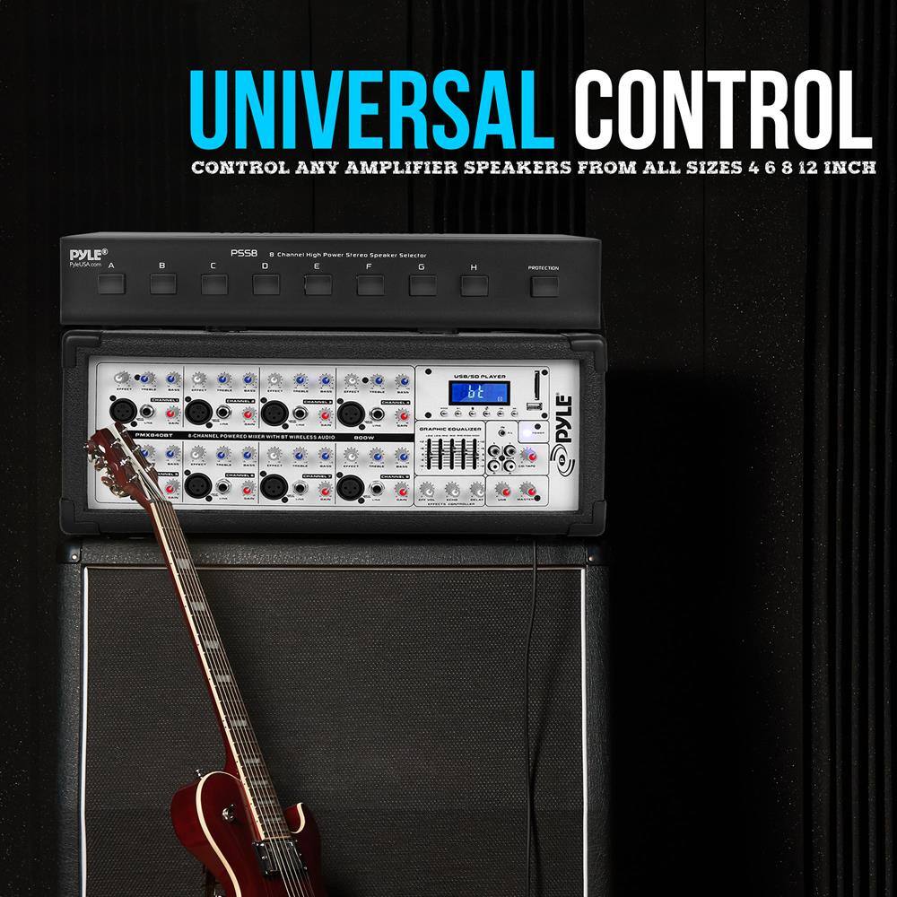 UNIVERSAL CONTROL  
CONTROL ANY AMPLIFIER SPEAKERS FROM ALL SIZES 4 6 8 12 INCH  

PYLE  
PS58  
8 Channels High Power Stereo Speaker Selector  

USB/SD PLAYER  
PYLE