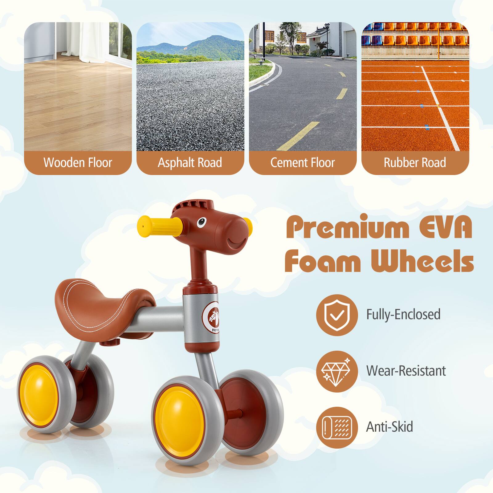 Premium EVA Foam Wheels

- Wooden Floor
- Asphalt Road
- Cement Floor
- Rubber Road

Fully-Enclosed
Wear-Resistant
Anti-Skid